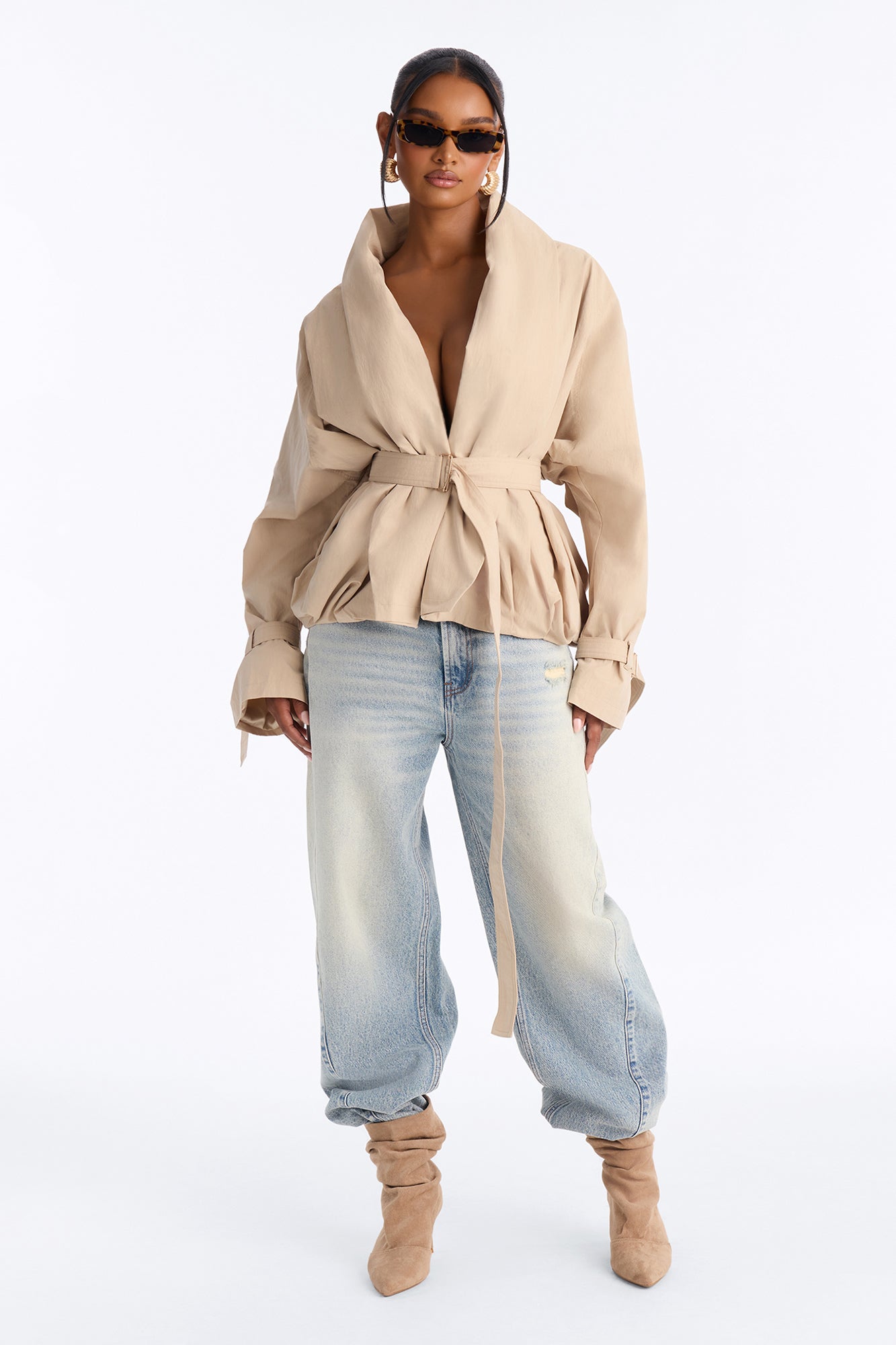 Caitlyn Gathered Belted Shawl Collar Twill Coat - Khaki