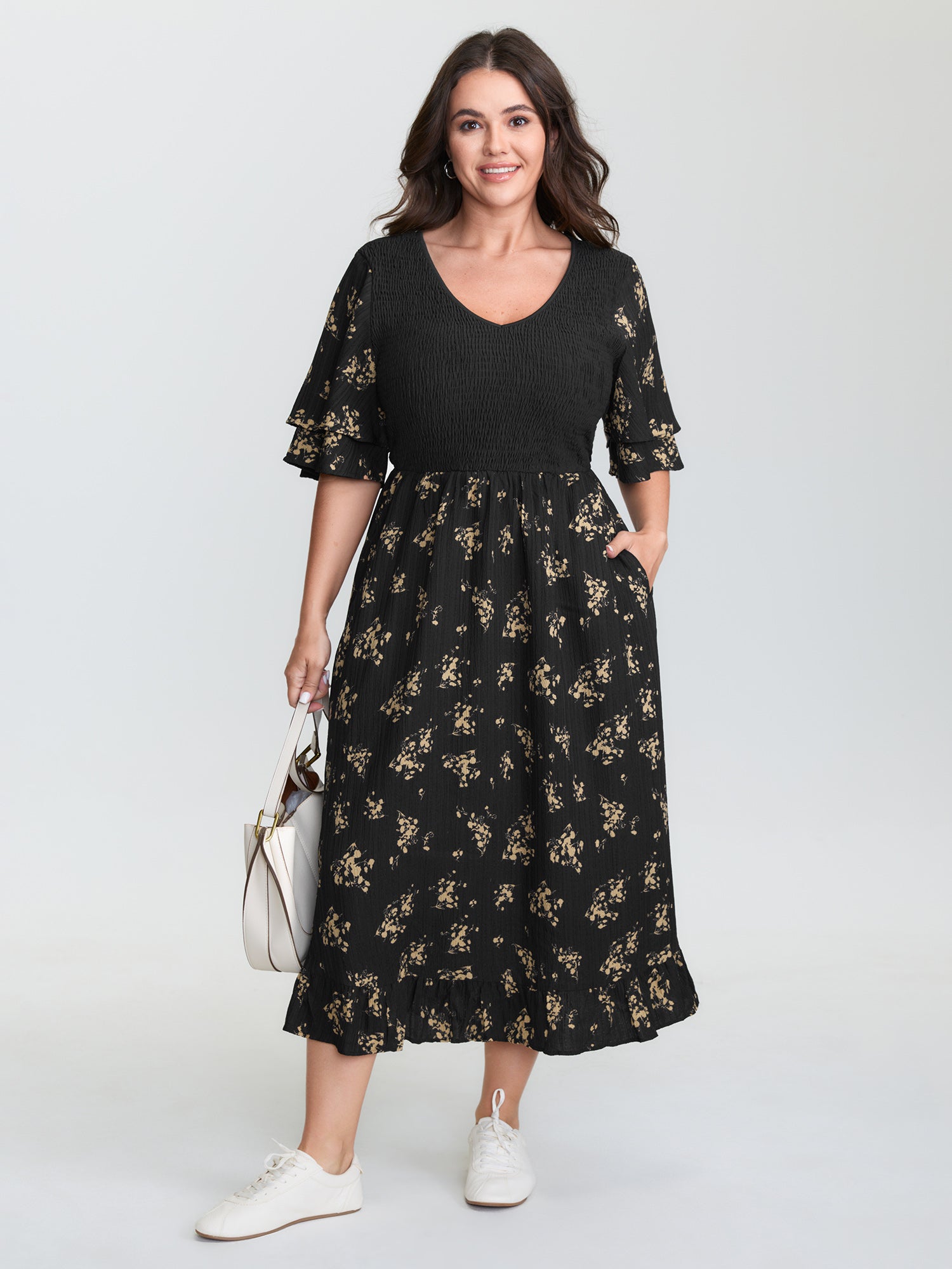 Floral Shirred Color Contrast Midi Dress