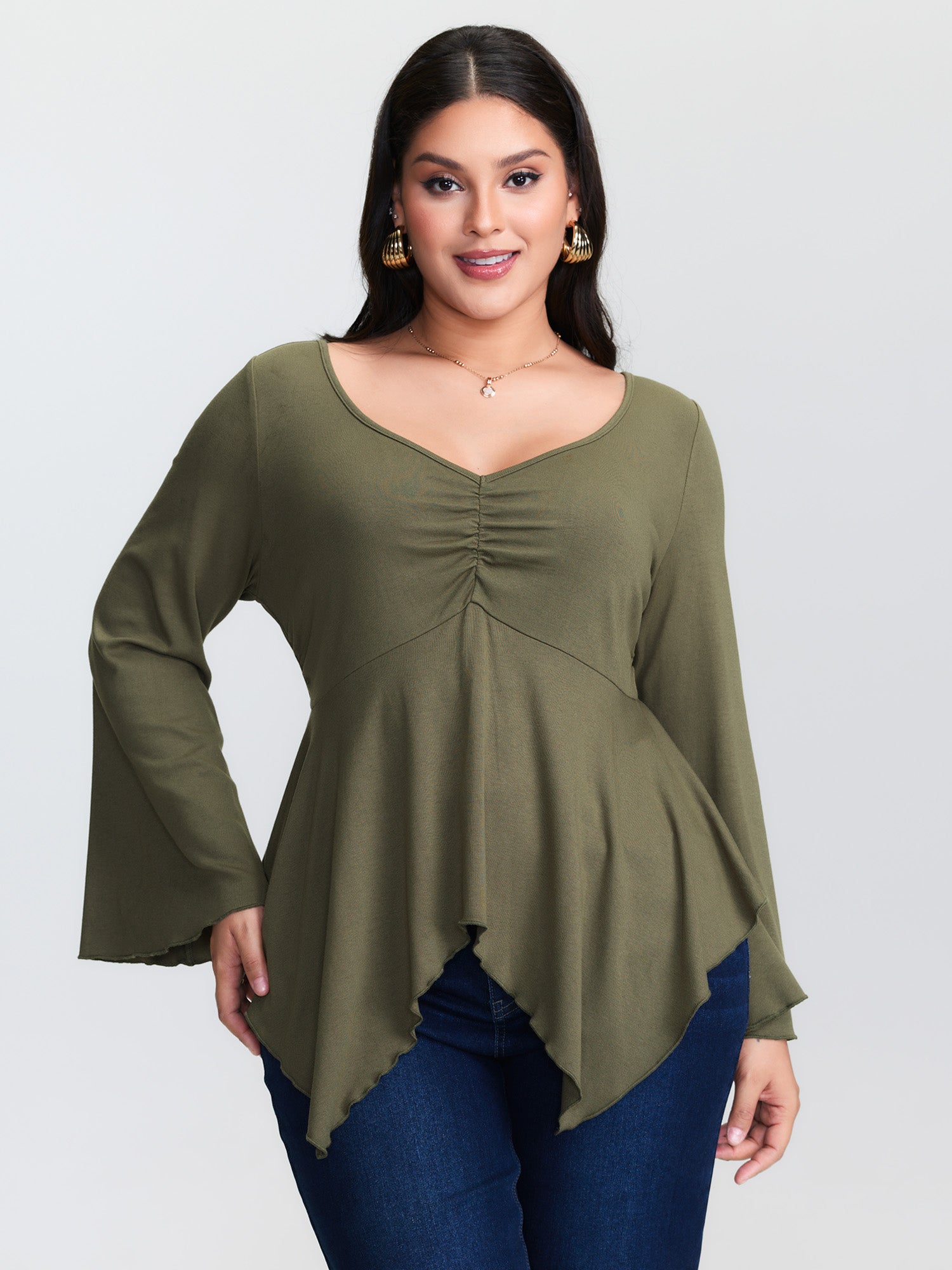 Ruched Bodice Asymmetrical Hem Knit Top