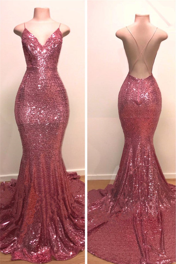 V-Neck Sequins Evening Dress Mermaid