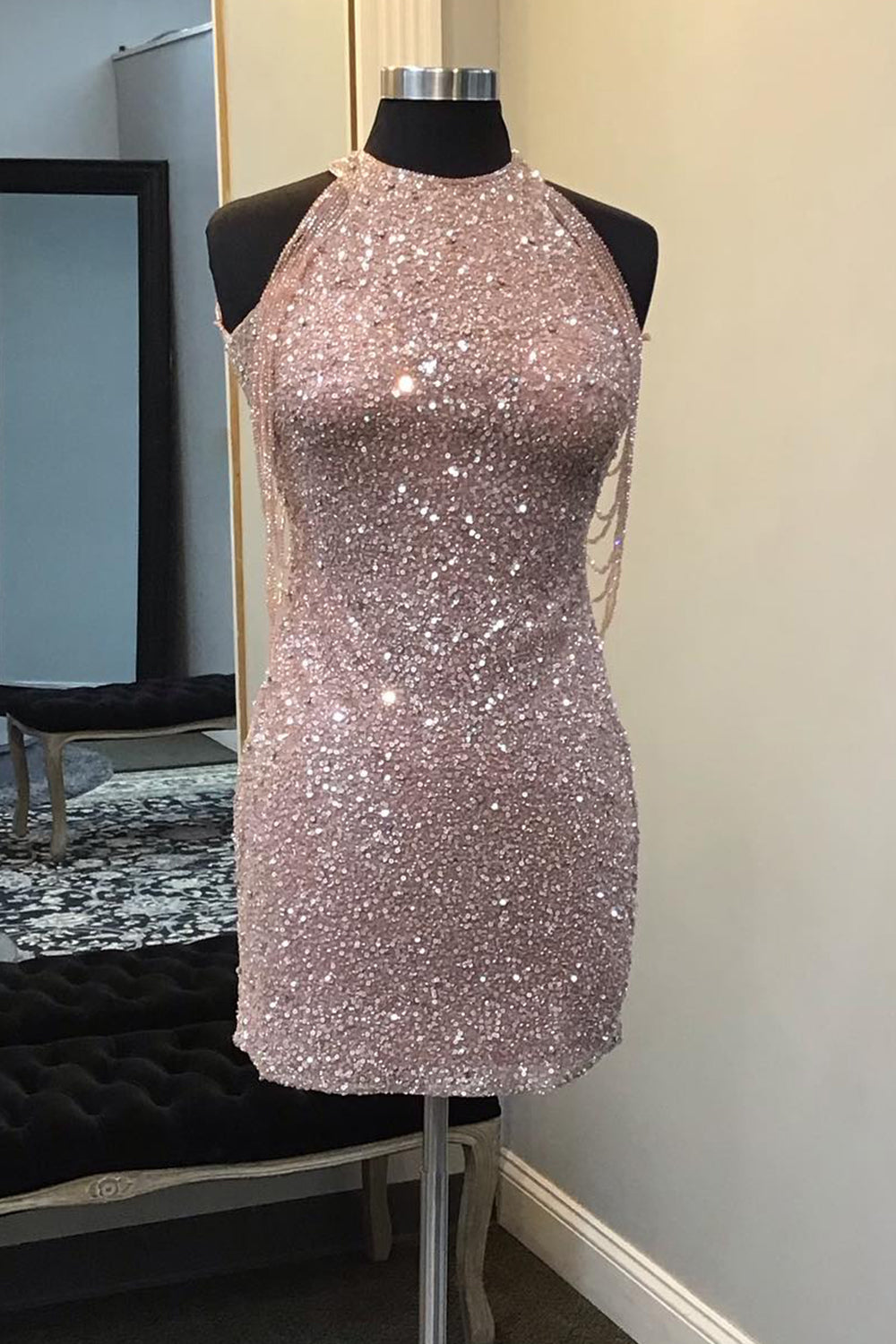 Sparkly Champagne Sequin Round Neck Tight Short Homecoming Dress/Mini Dress with Fringes