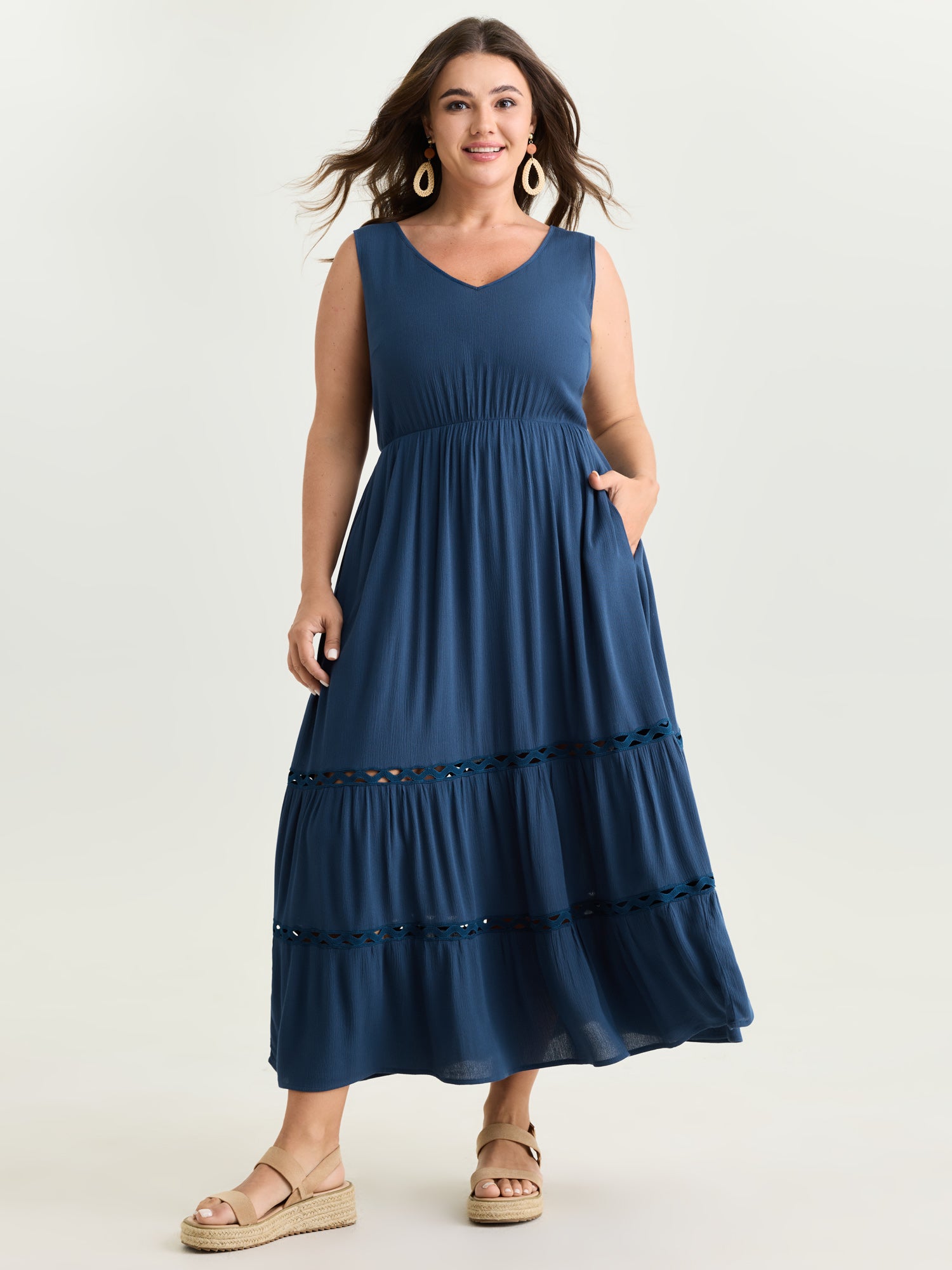 Plain Tiered Lace Trim Maxi Dress