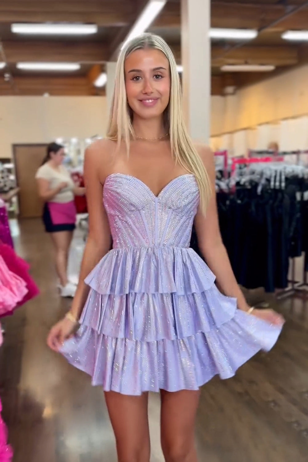 Sparkly Lilac A Line Corset Strapless Tiered Short Homecoming Dress/Mini Dress