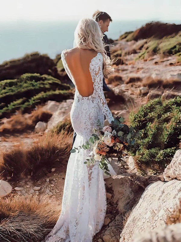 Fashionable Sweep Train Mermaid V-Neck Long Sleeves Lace Wedding Dresses