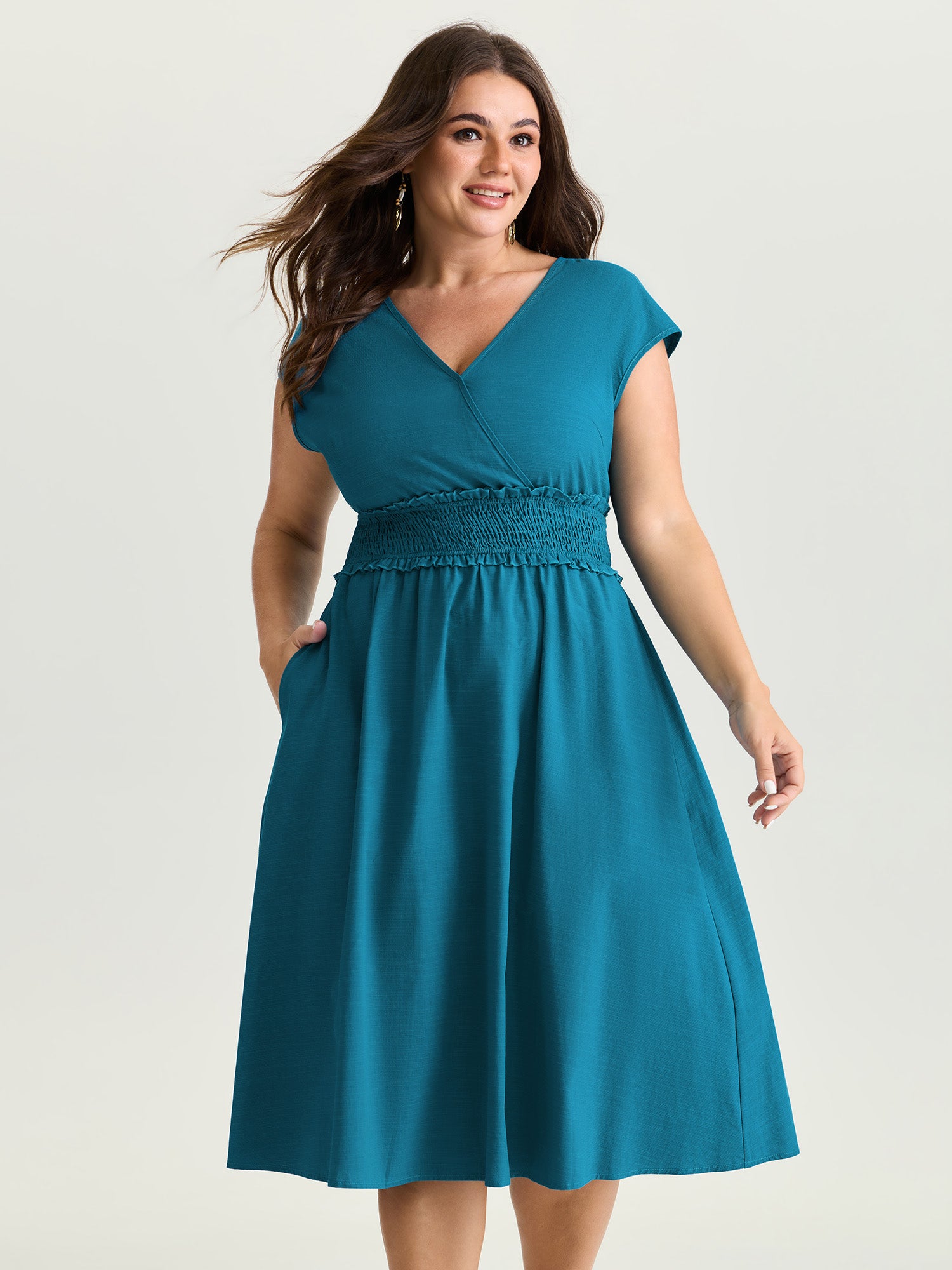 Wide Shirred Waist Surplice Neck Midi Dress