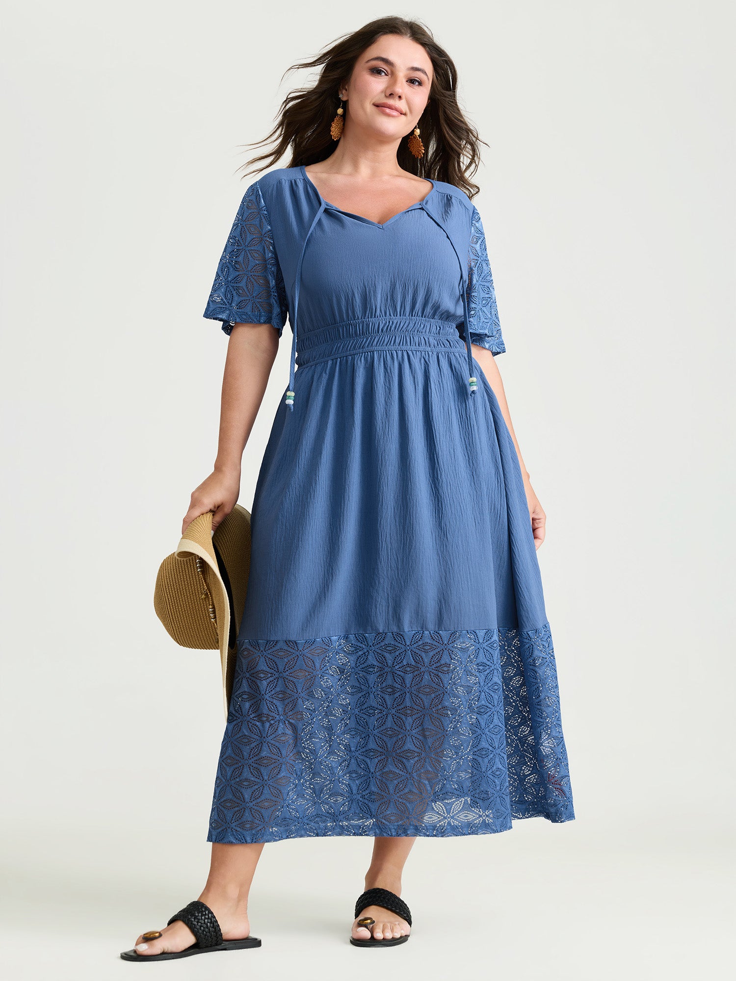 Sheer Floral Texture Drawstring Neckline Midi Dress