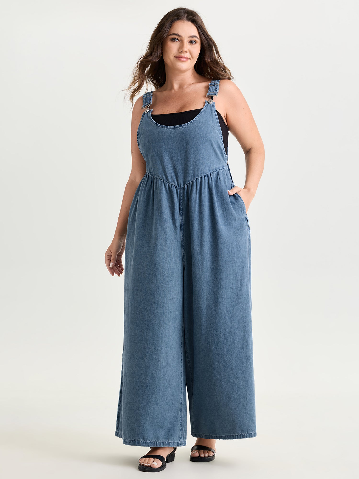 Pleated Adjustable Overall Straps Denim Jumpsuit