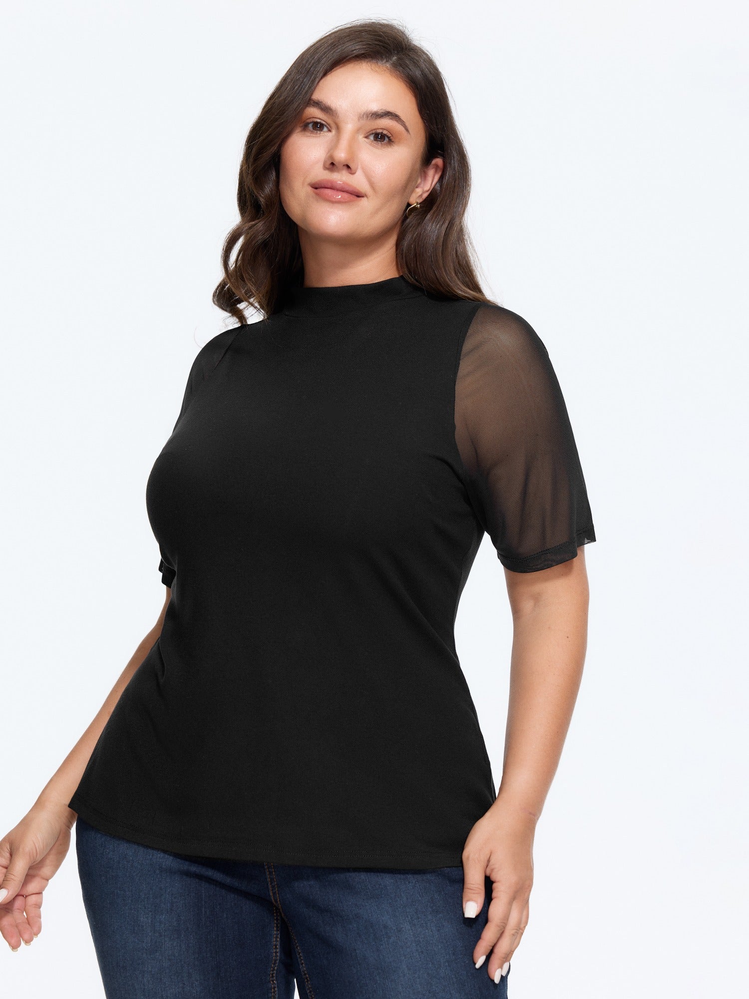 Stretch Mesh Mock Neck T-Shirt