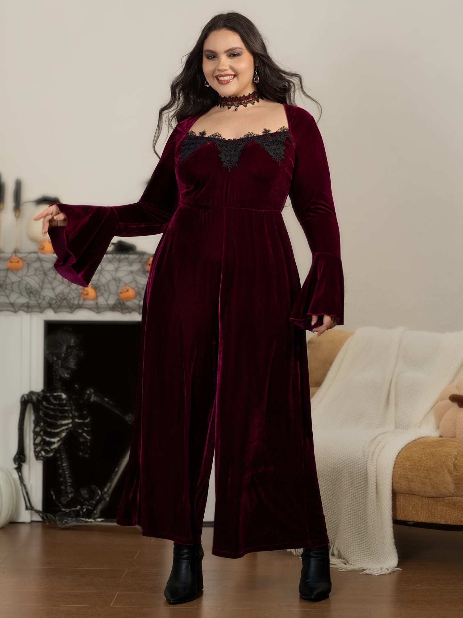 Velvet Lace Square Neck Bell Sleeve Wide Leg Jumpsuit