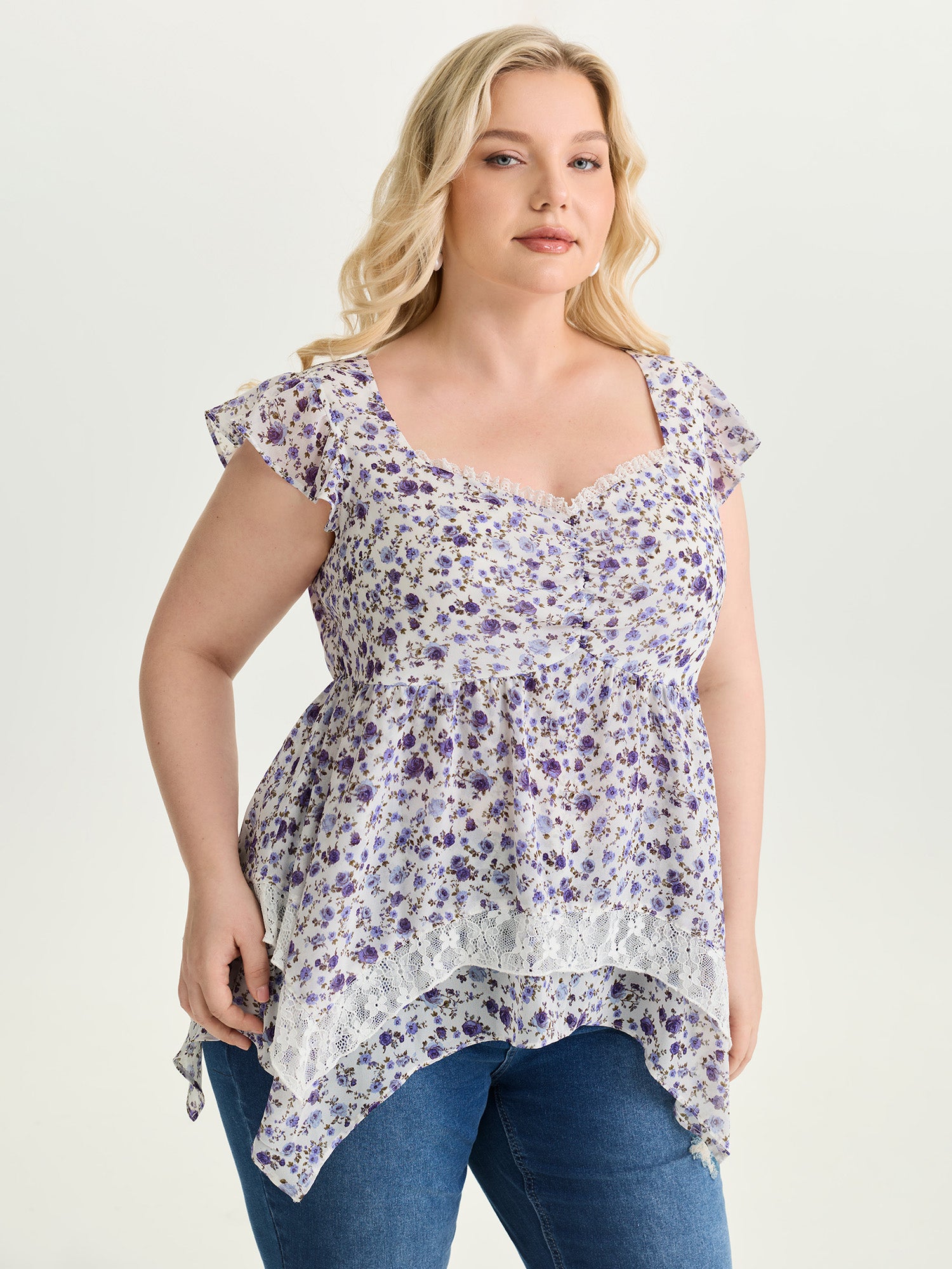 Floral Print Lace Trim Layered Blouse