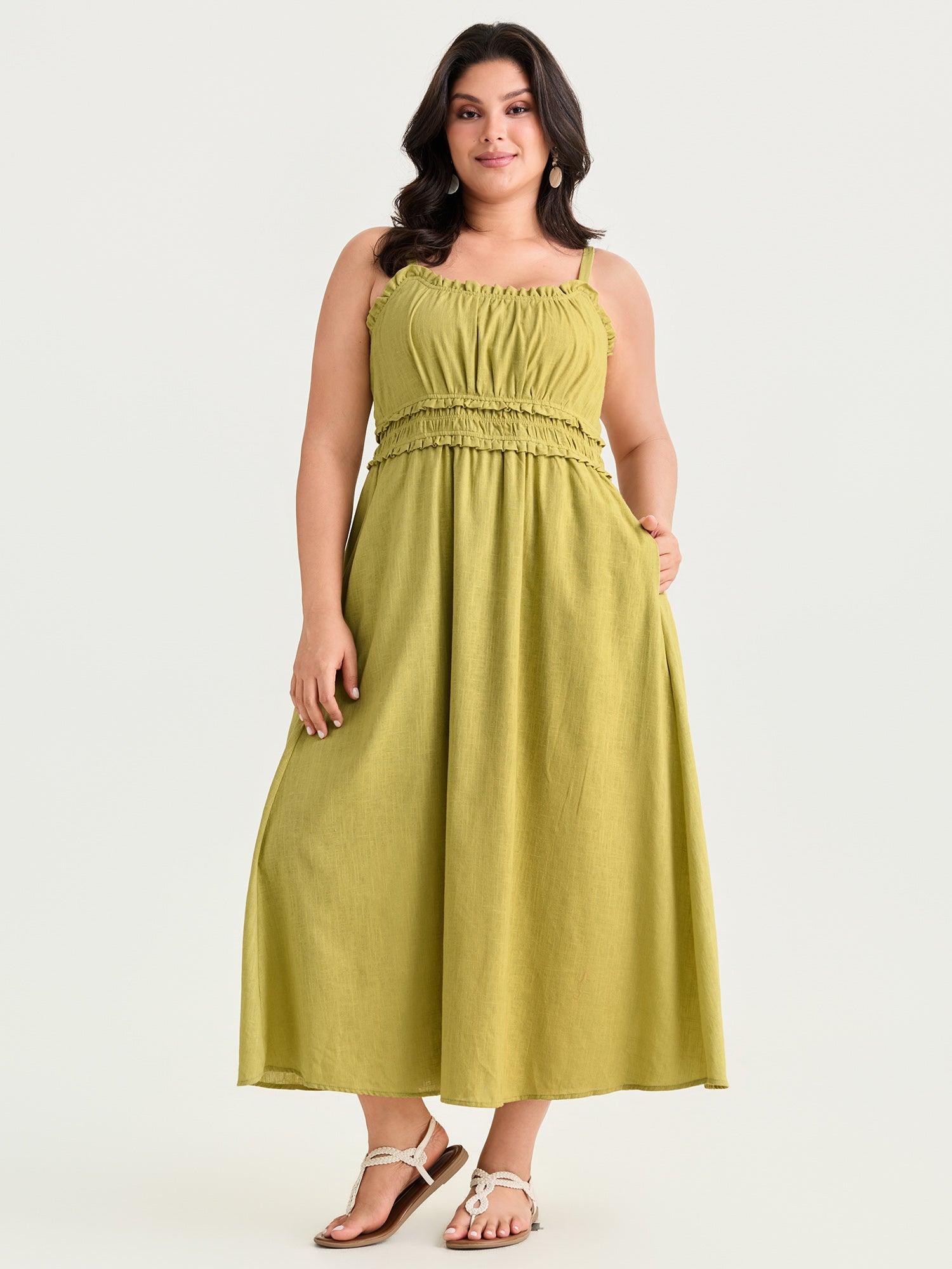 Cotton Linen Ruffle Trim Shirred Waist Cami Maxi Dress