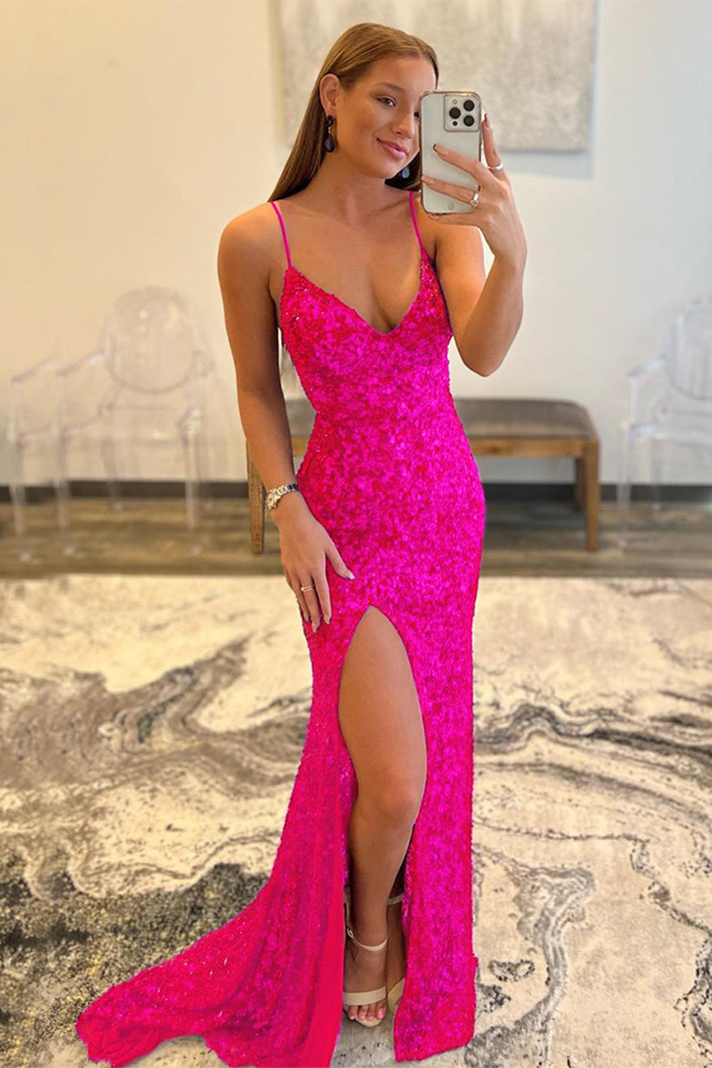 Long Prom Dress with Fuchsia Sequin Mermaid Design
