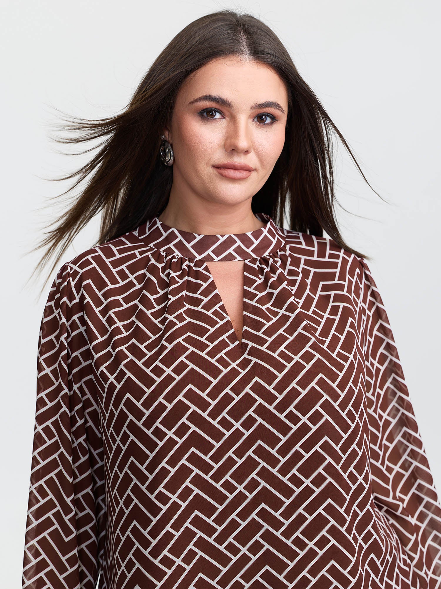Geometric Print Cut Out Neck Blouse