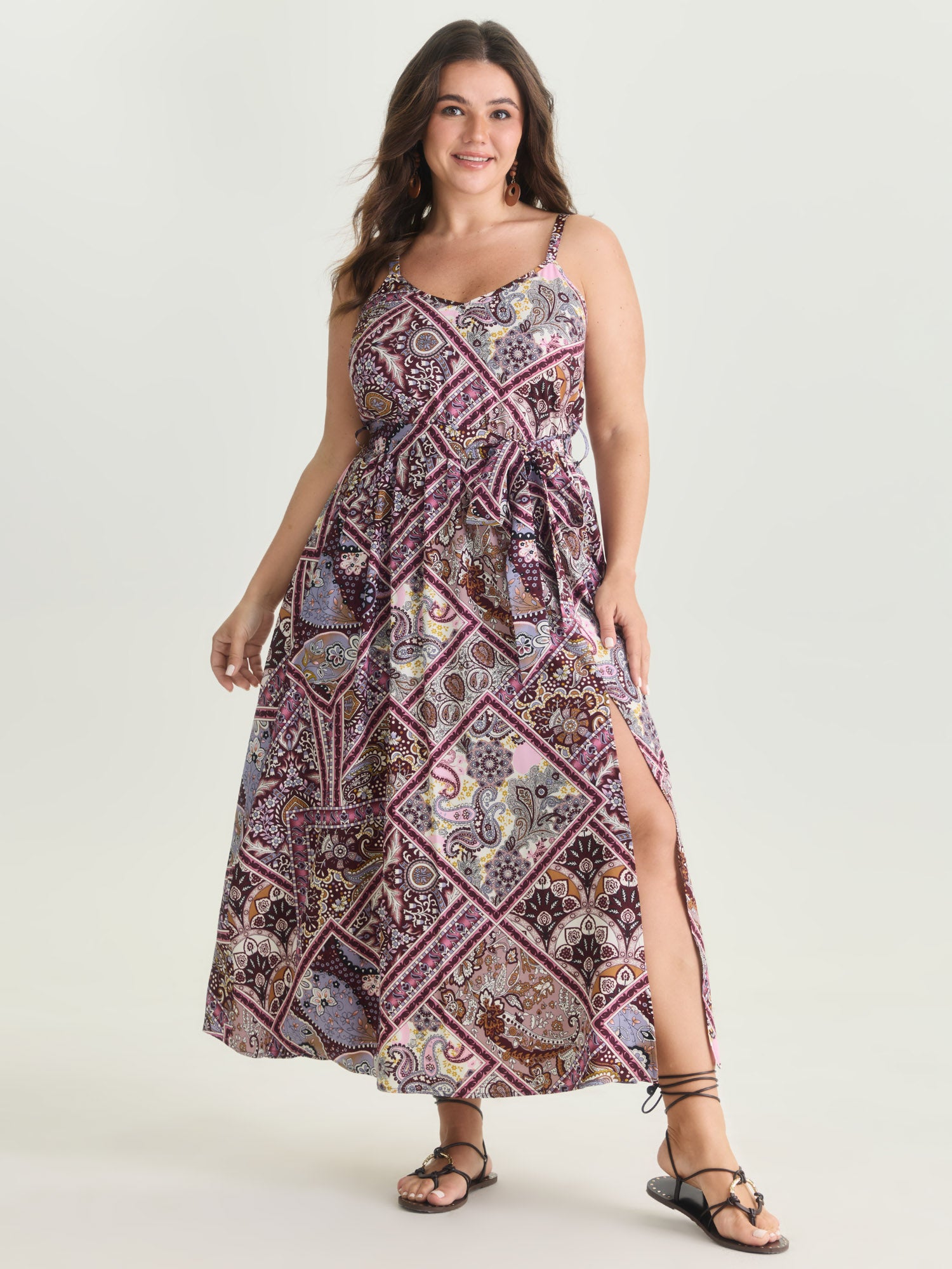 Geometric Paisley Print Waist-Tie Maxi Dress