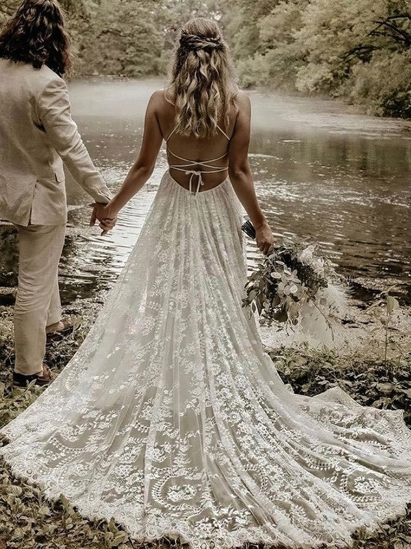 Sexy Backless A-Line V-Neck Criss Cross Straps Lace Court Train Wedding Dresses