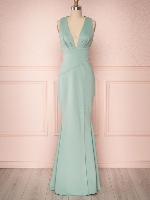 Deluxe Sheath Deep V-Neck Sleeveless Stretch Satin Floor-Length Bridesmaid Dresses