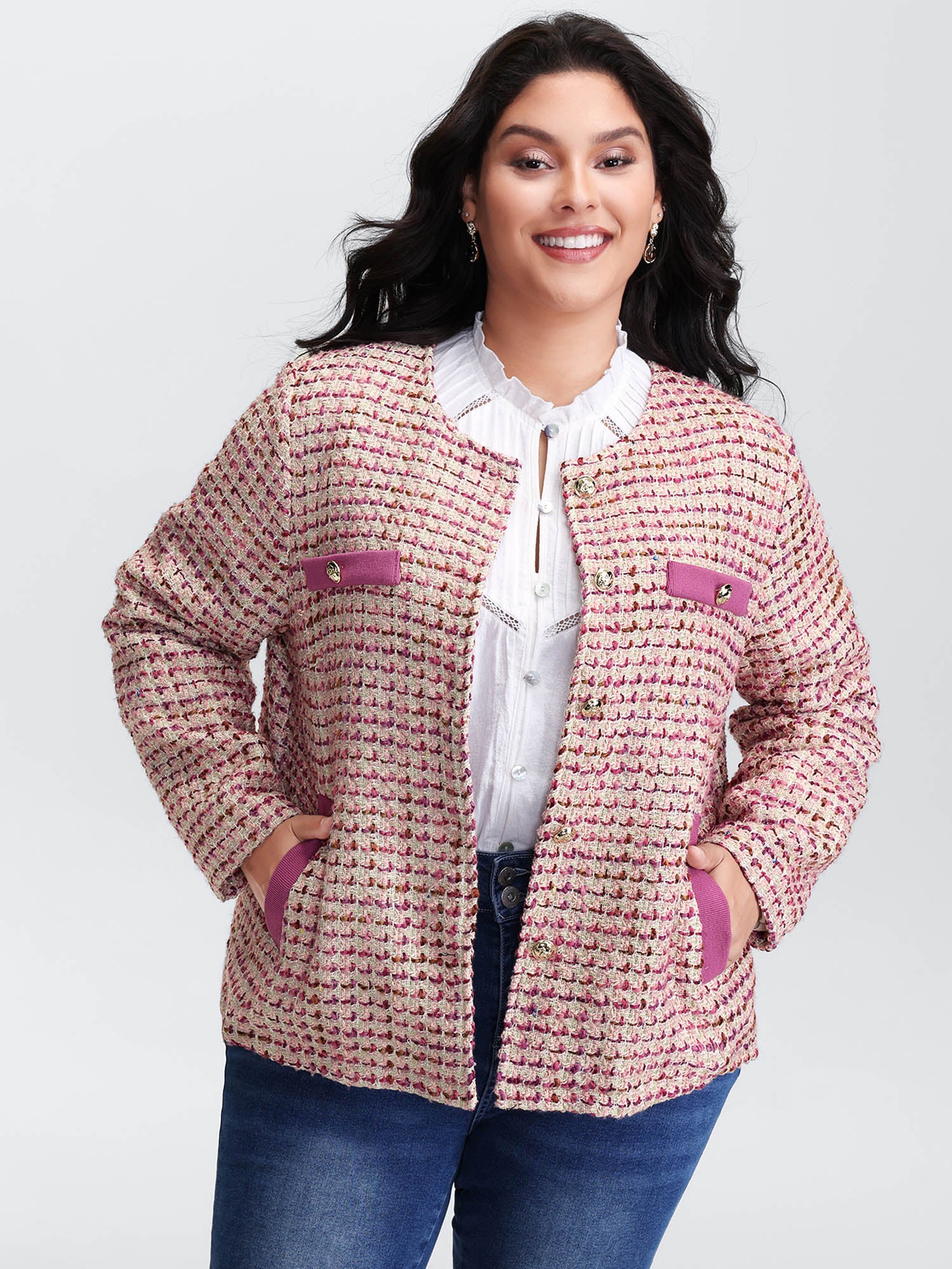 Tweed Lined Color Contrast Pockets Jacket