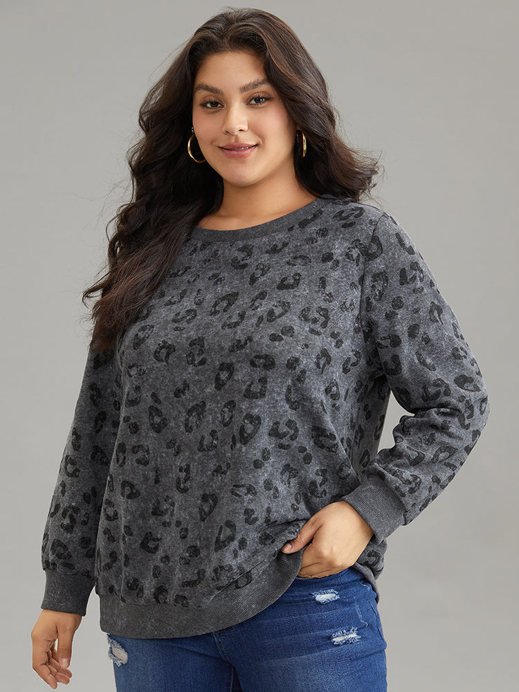 Leopard Graphic Rib Knit Elastic Hem Sweatshirt