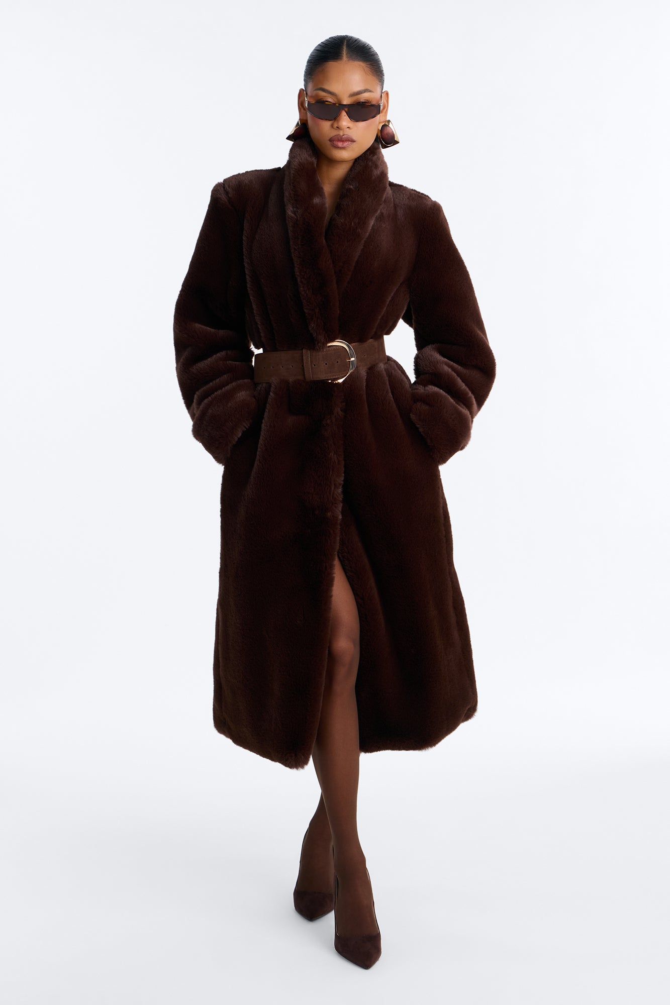 Sienna Stand Collar Faux Fur Coat - Chocolate
