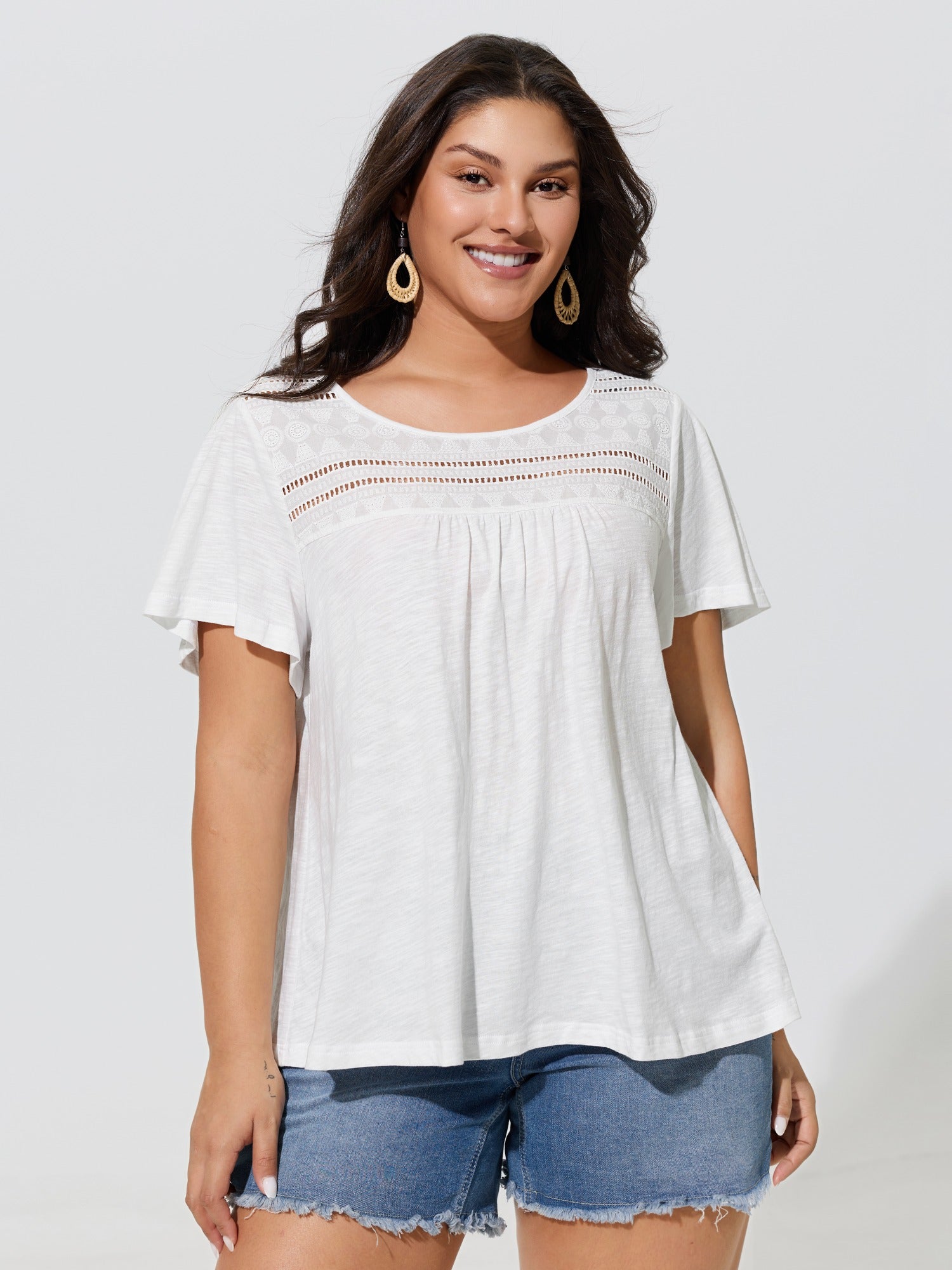 Cotton Round Neck Eyelet Lace Top