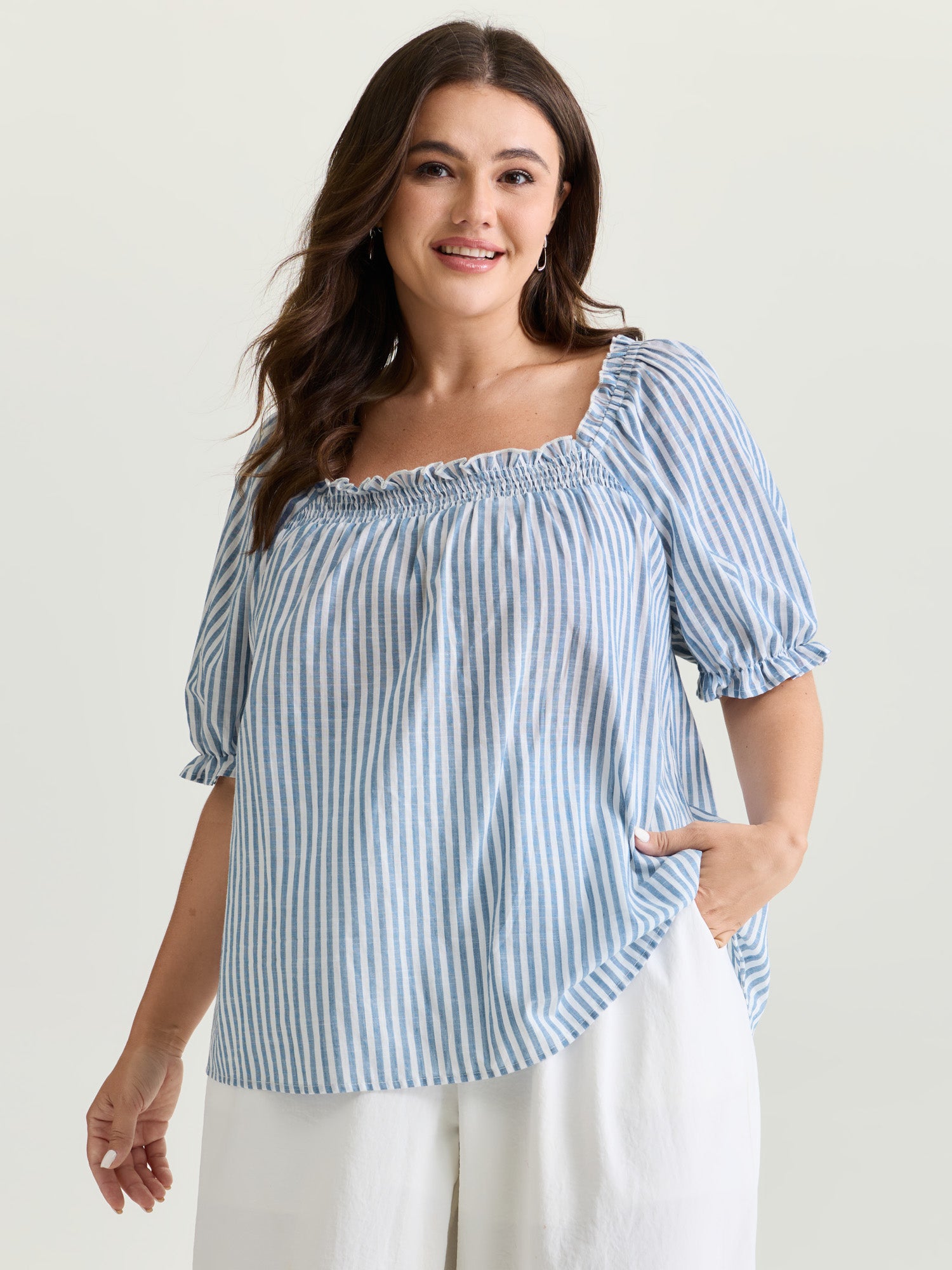 Cotton Striped Shirred Bust-Friendly Neckline Blouse