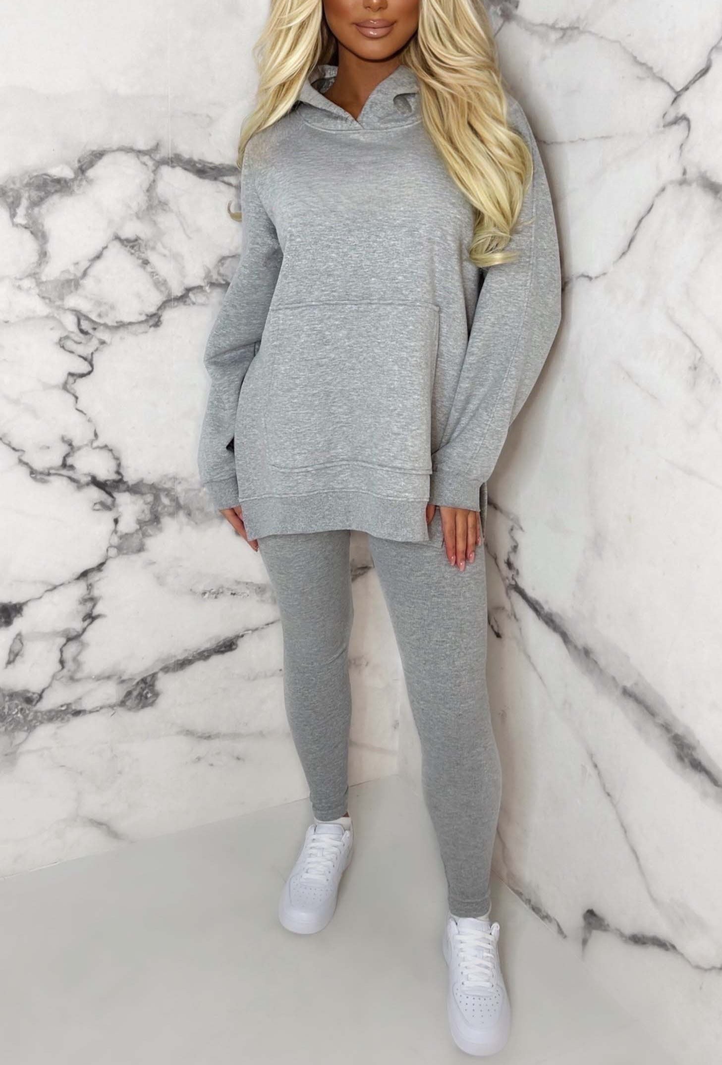 Living The Life Grey Marl Oversized Hoodie With Ribbed Legging Two Piece Loungewear Set