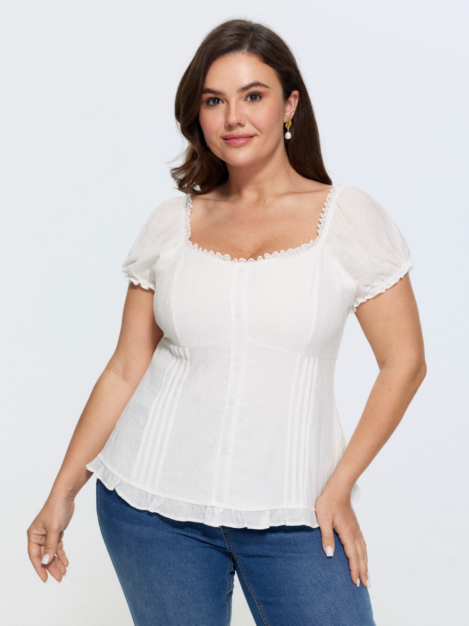 Sheer Lace Ruffled Hem Fitted Blouse