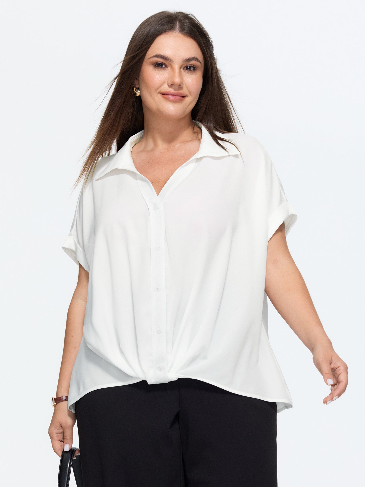 Knotted Hem Placket Plain Blouse