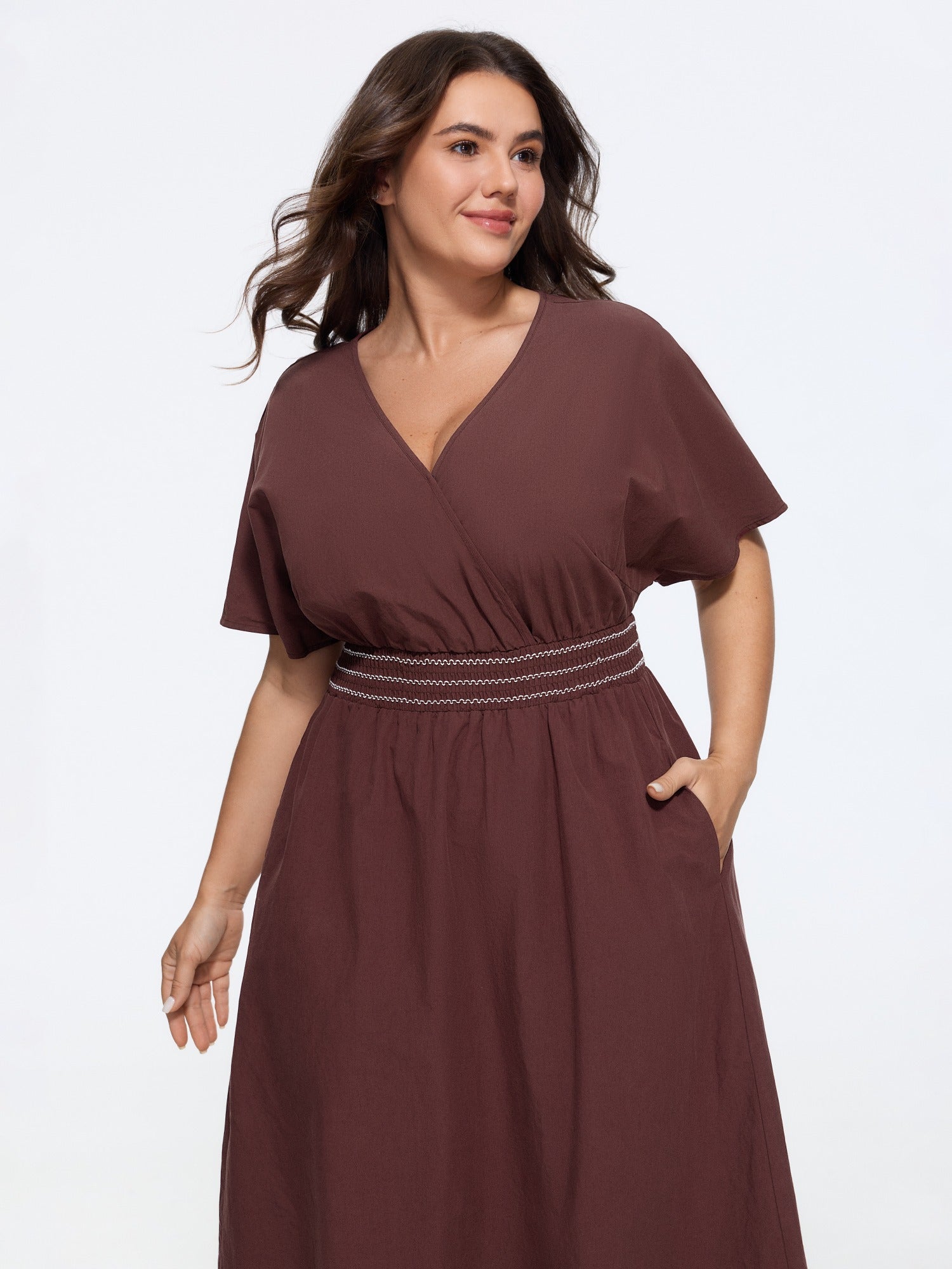Solid V Neck Dolman Sleeve Shirred Waist Midi Dress