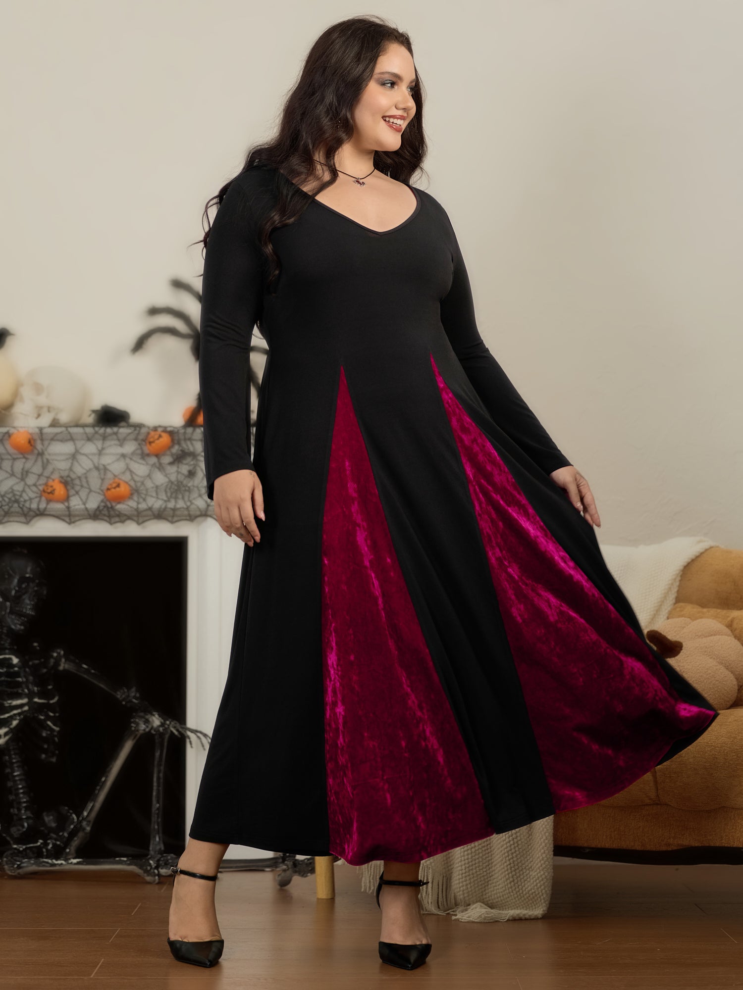 V‑Neck Flare Sleeve Contrast Velvet Inset Maxi Dress