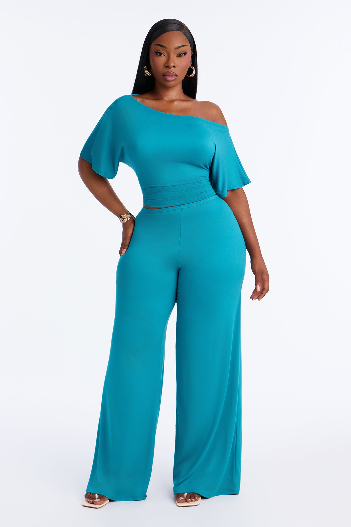 Mel Off Shoulder Pant Set - Teal