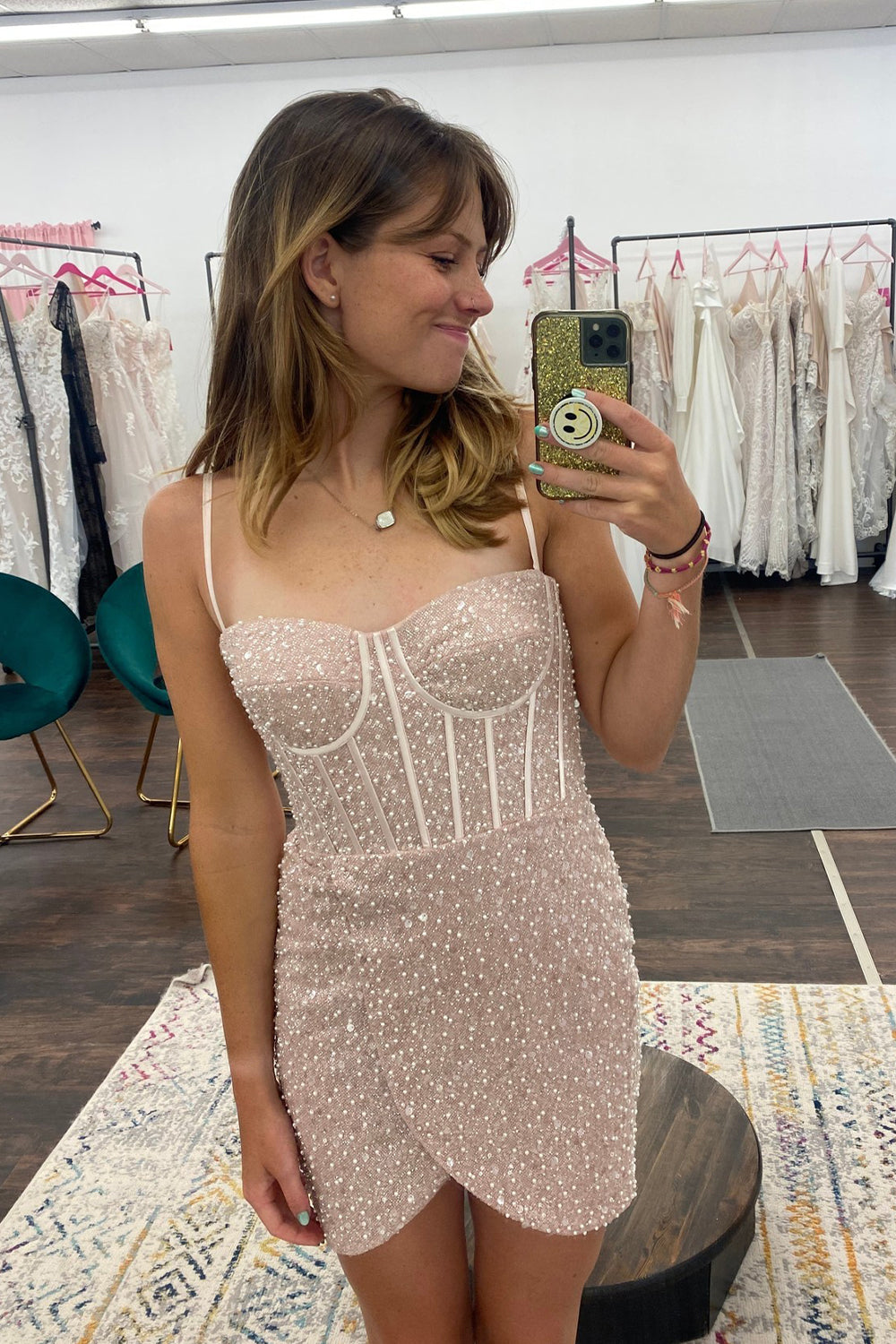 Sparkly Champagne Beaded Sequins Tight Short Homecoming Dress/Mini Dress
