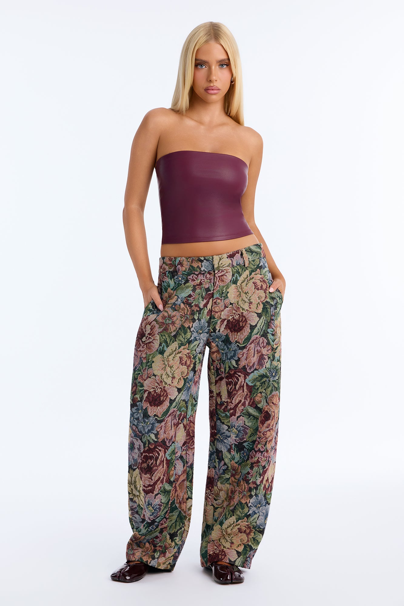 Tara Floral Jacquard Barrel Leg Pant - Pink/combo