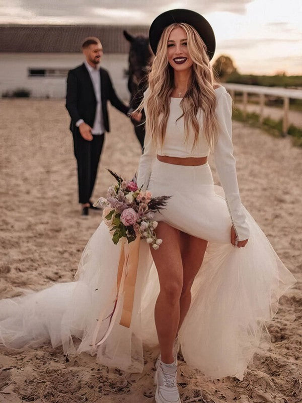 Fabulous Long Sleeves Tulle Satin Trumpet Off-The-Shoulder Wedding Dresses with Split