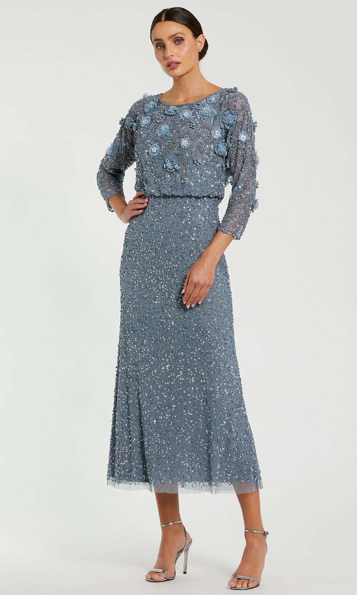Mac Duggal 9373 - Blouson Bodice Three-Quarter Midi Dress