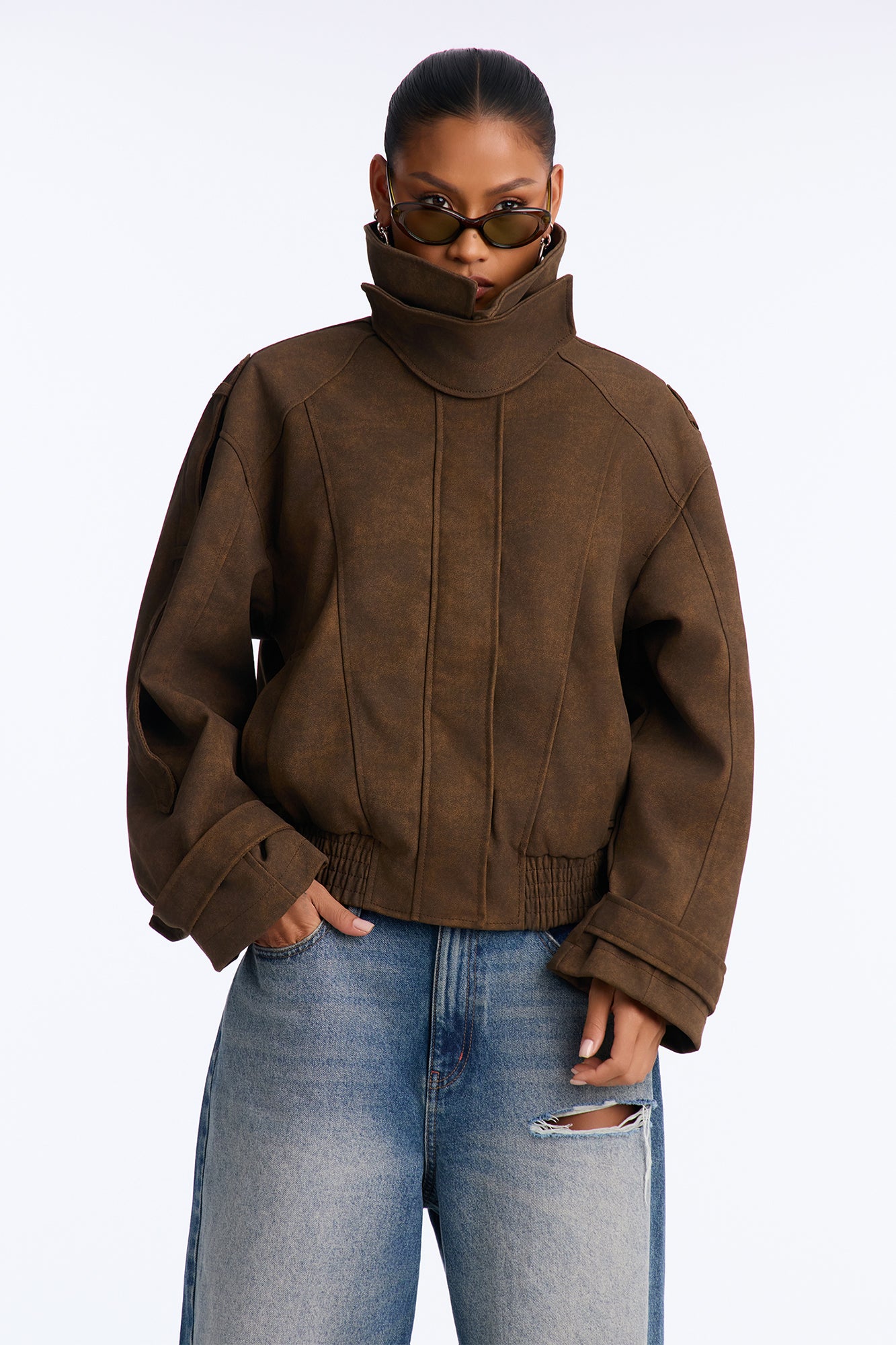 Back In Action Faux Leather Funnel Neck Bomber Jacket - Brown