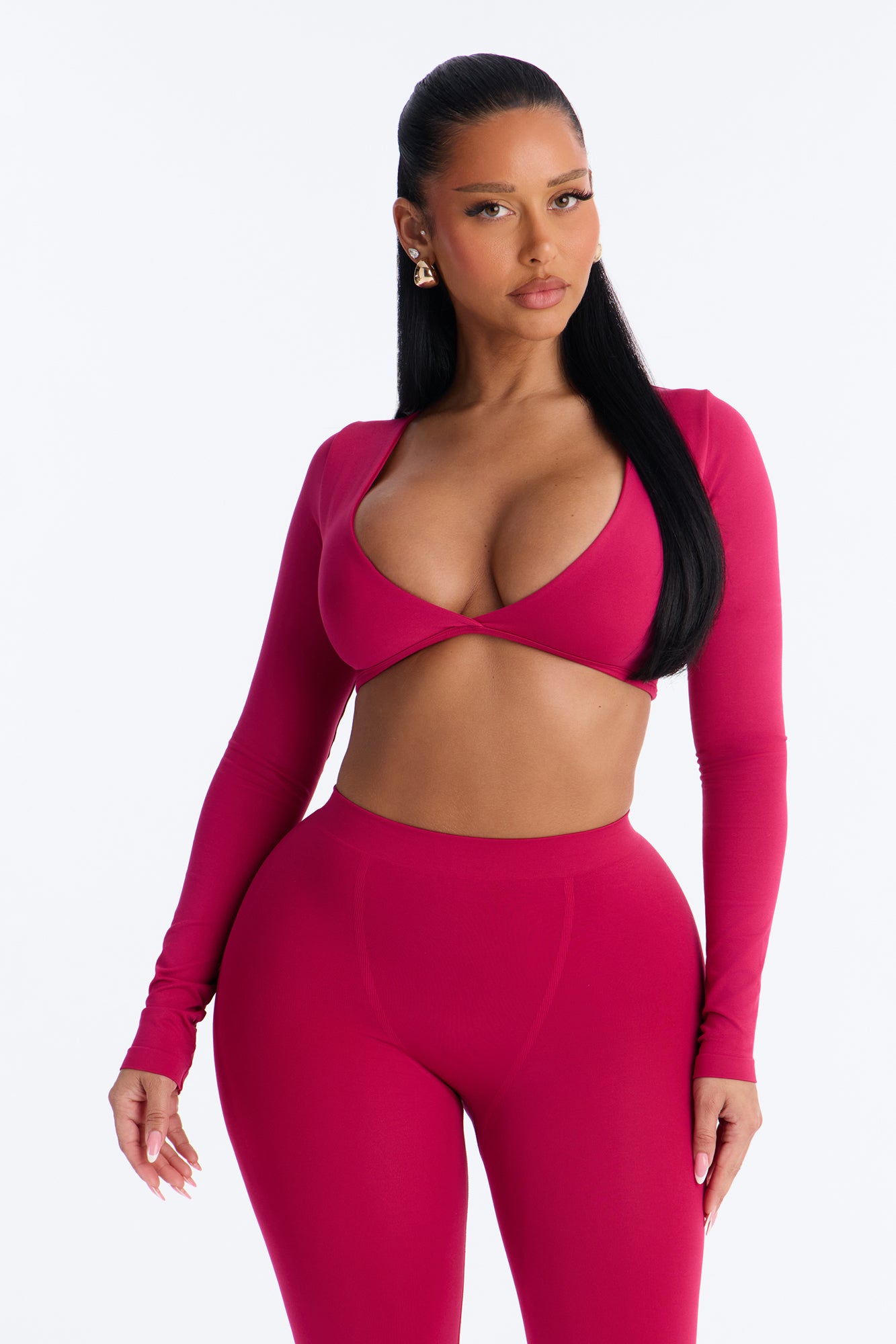 Seamless Smooth Double Lined Long Sleeve V-Neck Cropped Top - Raspberry