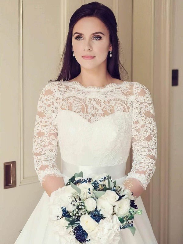 Glamorous 3/4 Long Sleeves A-Line Sleeve Lace Chiffon Wedding Dresses with Ribbon