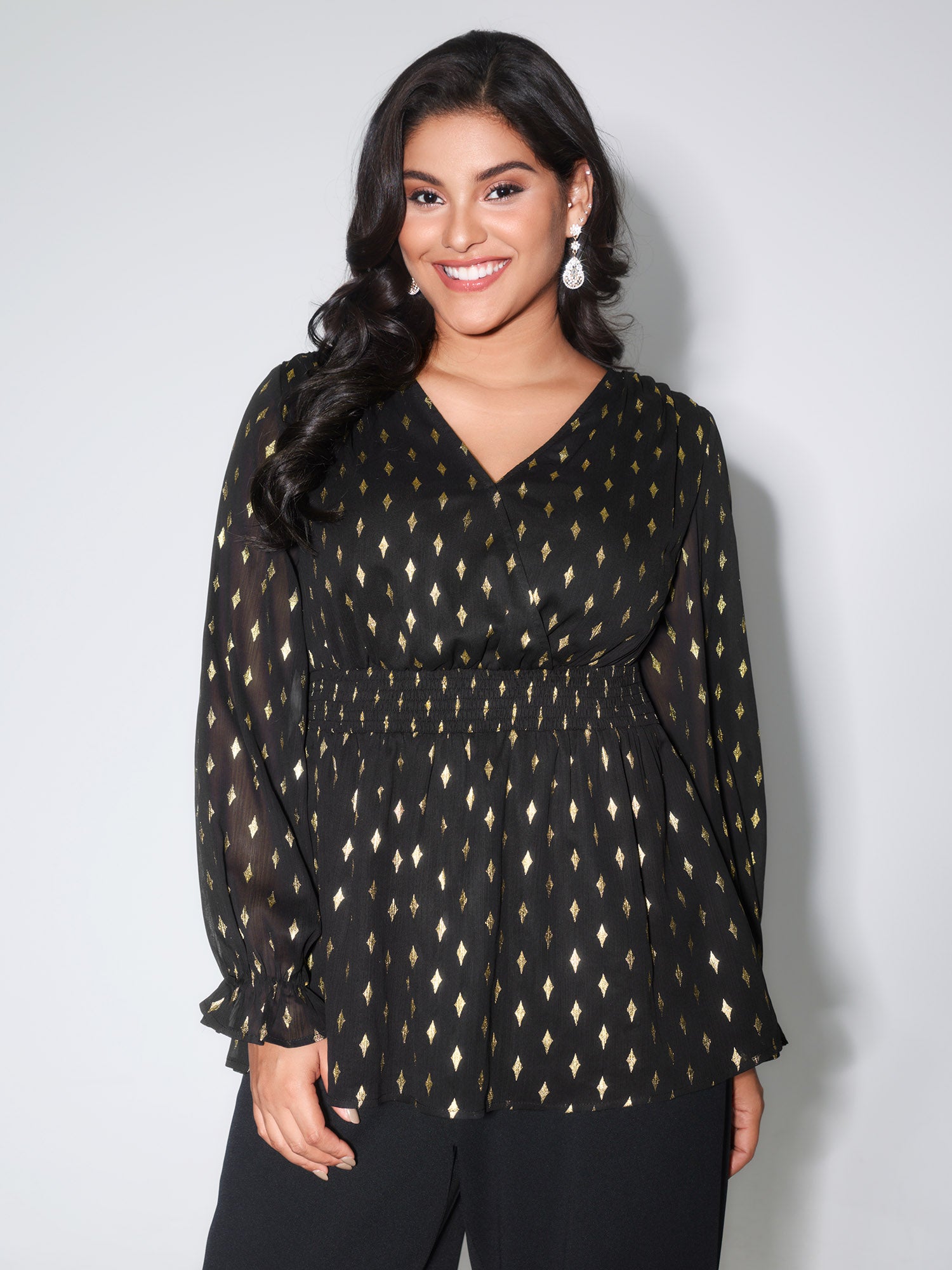 Chiffon Gold Stamp Shirred Waist Blouse