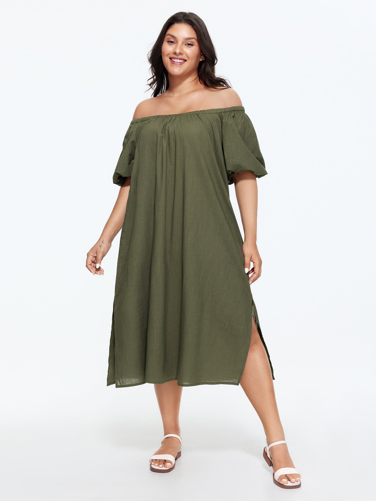 Cotton Cold-Shoulder Puff Sleeve Midi Dress