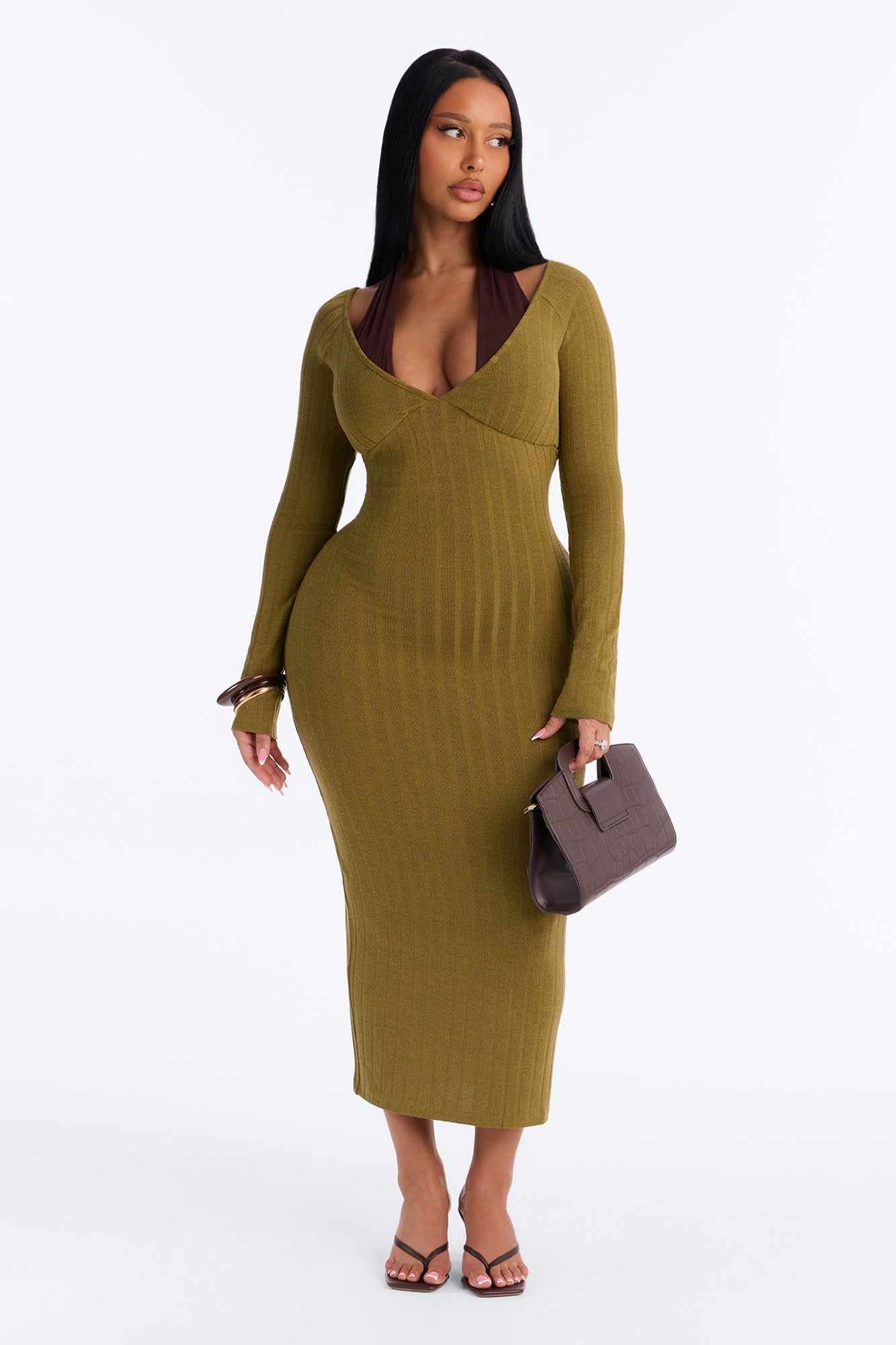 Easy On The Eyes Ribbed Midi Dress - Green/combo