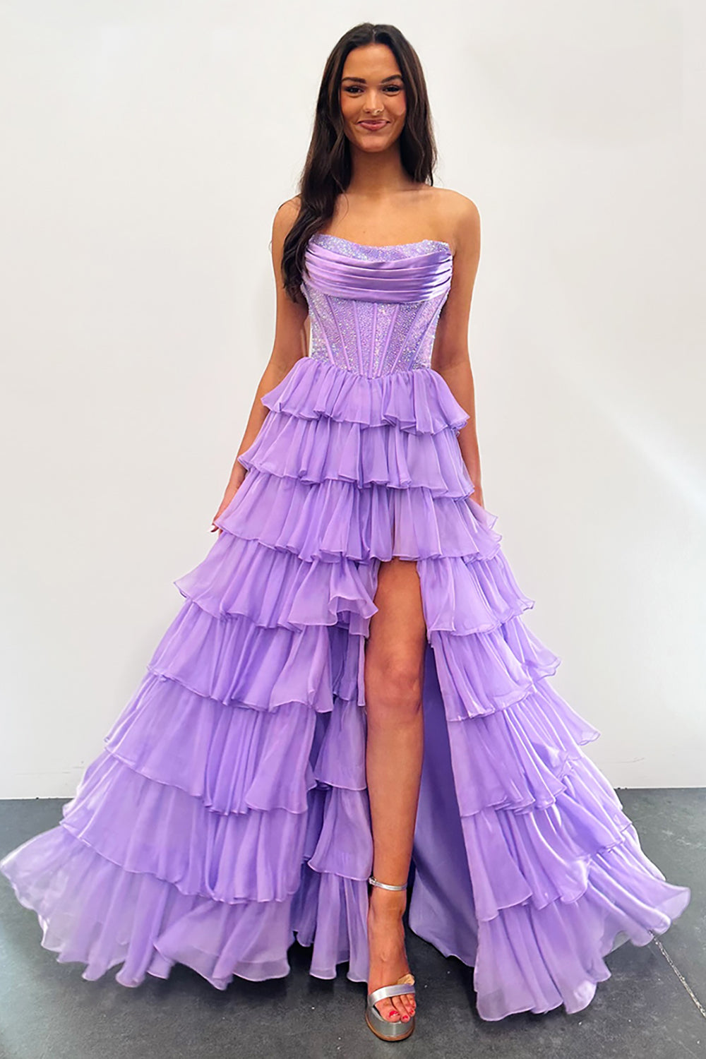 Lavender Sparkly Long Corset Prom Dress in Strapless Chiffon A-Line