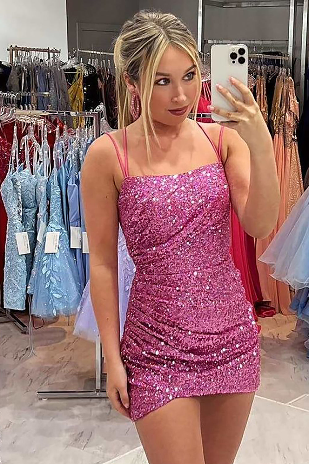 Sparkly Pink Sequins Spaghetti Straps Sleeveless Tight Short Homecoming Dress/Mini Dress