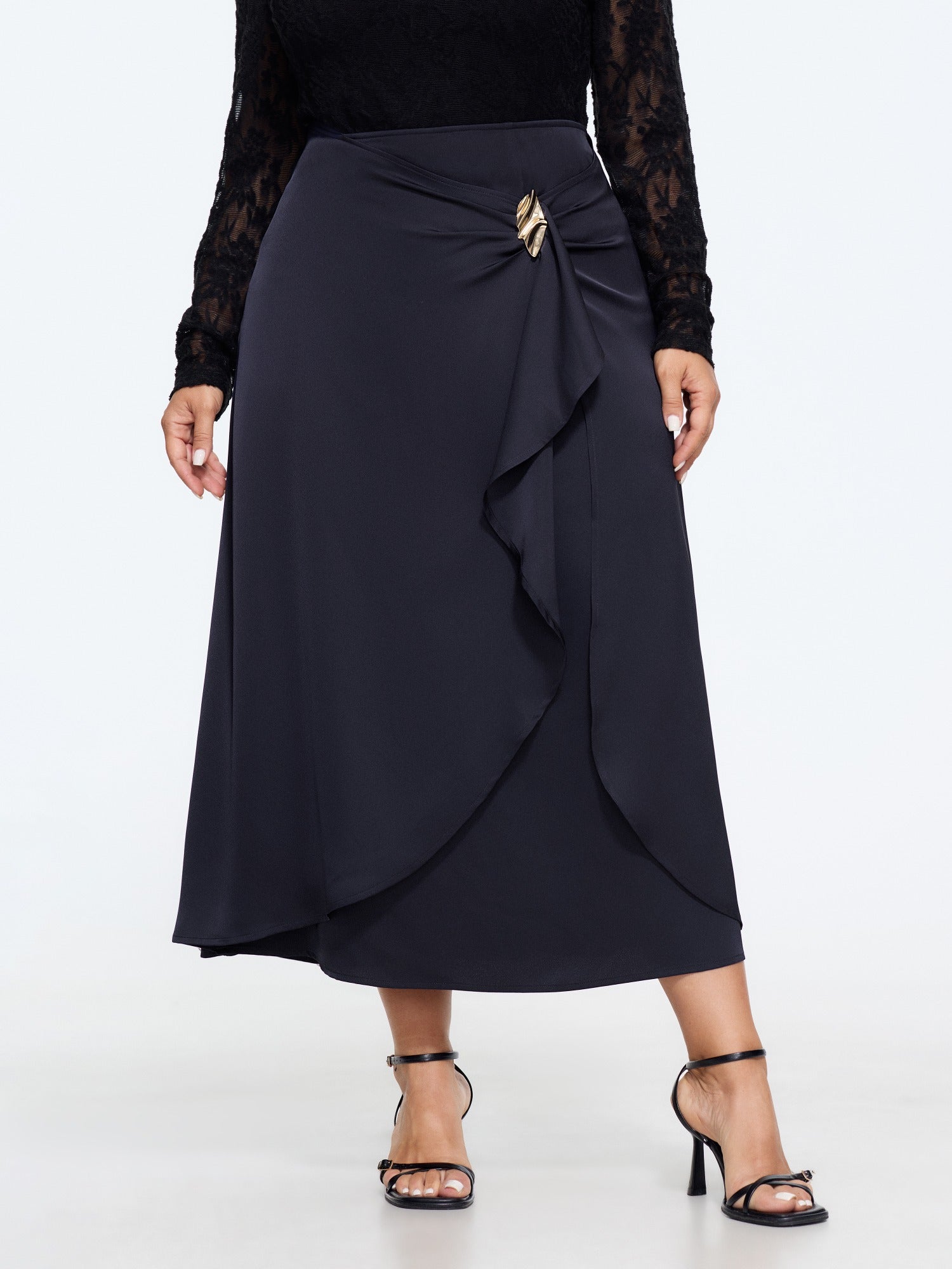 Satin Ruffle Hem Twisted Waist Flowy Skirt