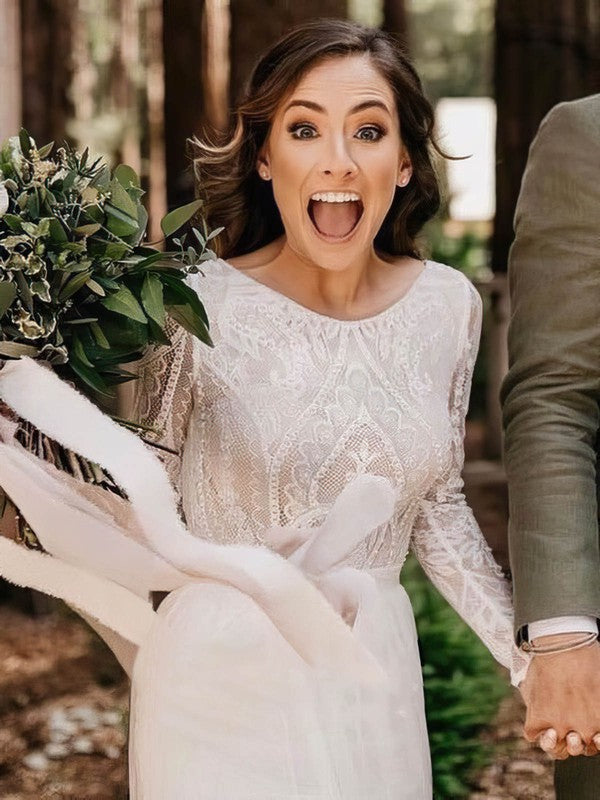 Trendy A-Line Crew Neck Long Sleeves Chiffon Lace Wedding Dresses