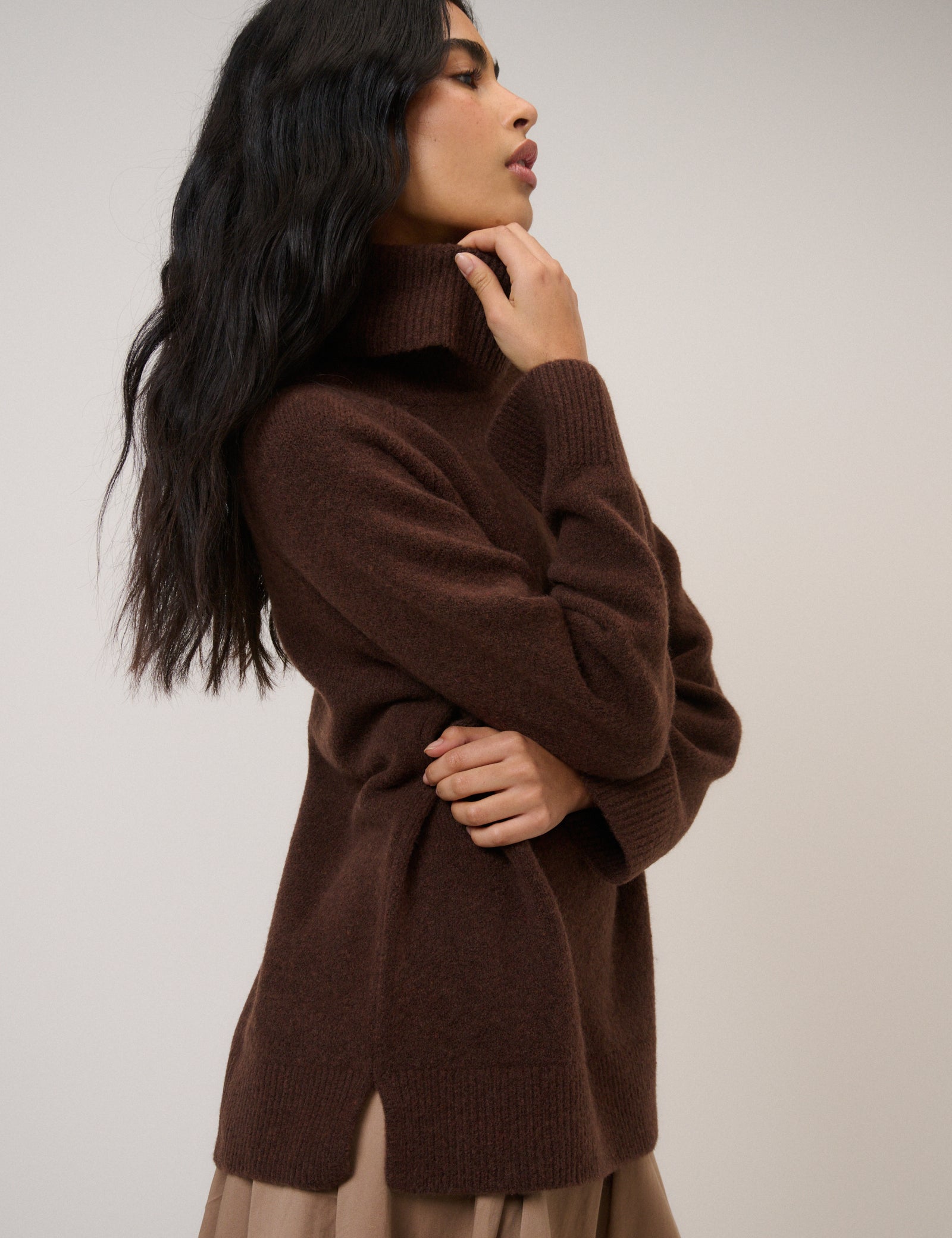 Chocolate Brown Roll Neck Longline Jumper
