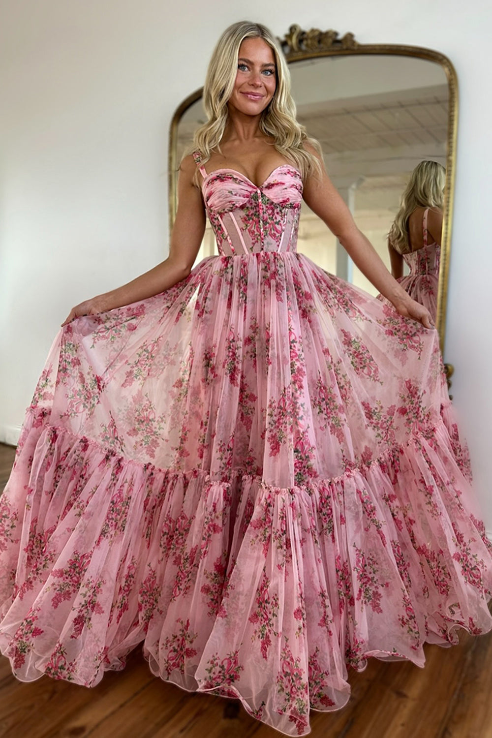 Blush A-Line Long Corset Prom Dress with Floral Print