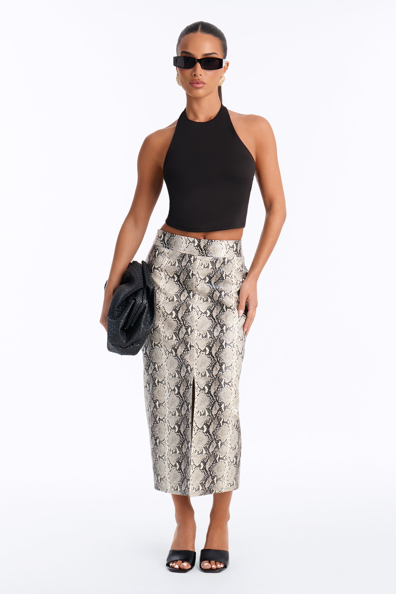 Paola Snakeskin Faux Leather Midi Skirt - Grey/combo