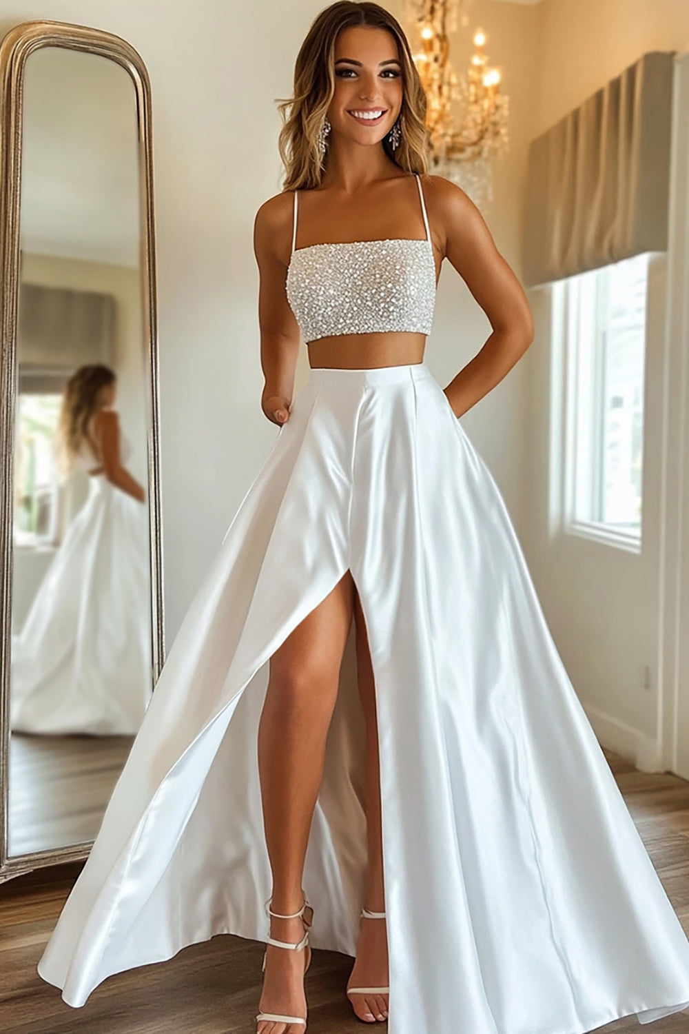 Long Beaded White Satin Prom Dress with Sparkly Two-Piece Design and Slit