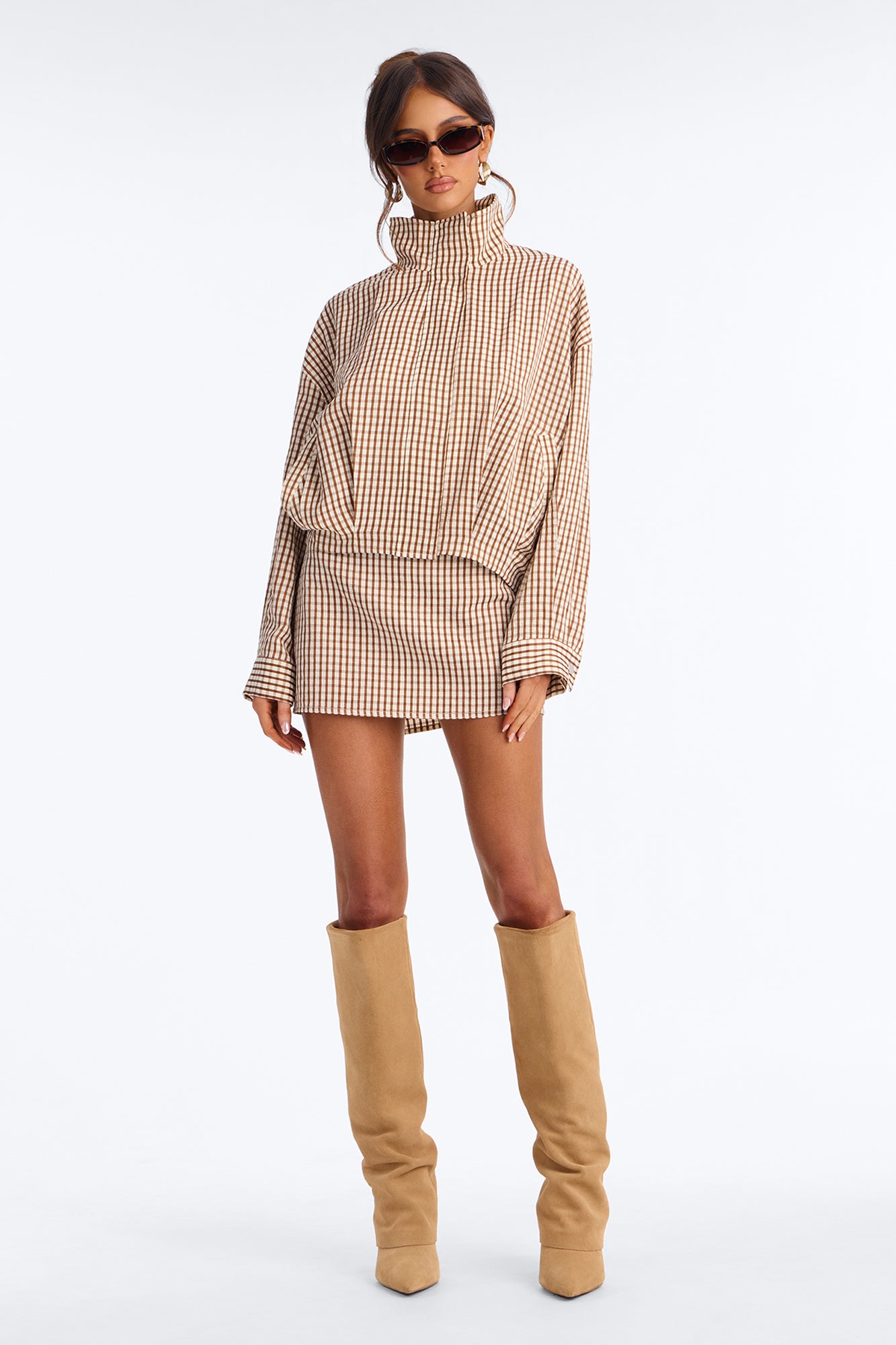Central Park Walk Plaid Funnel Neck Skirt Set - Brown/combo